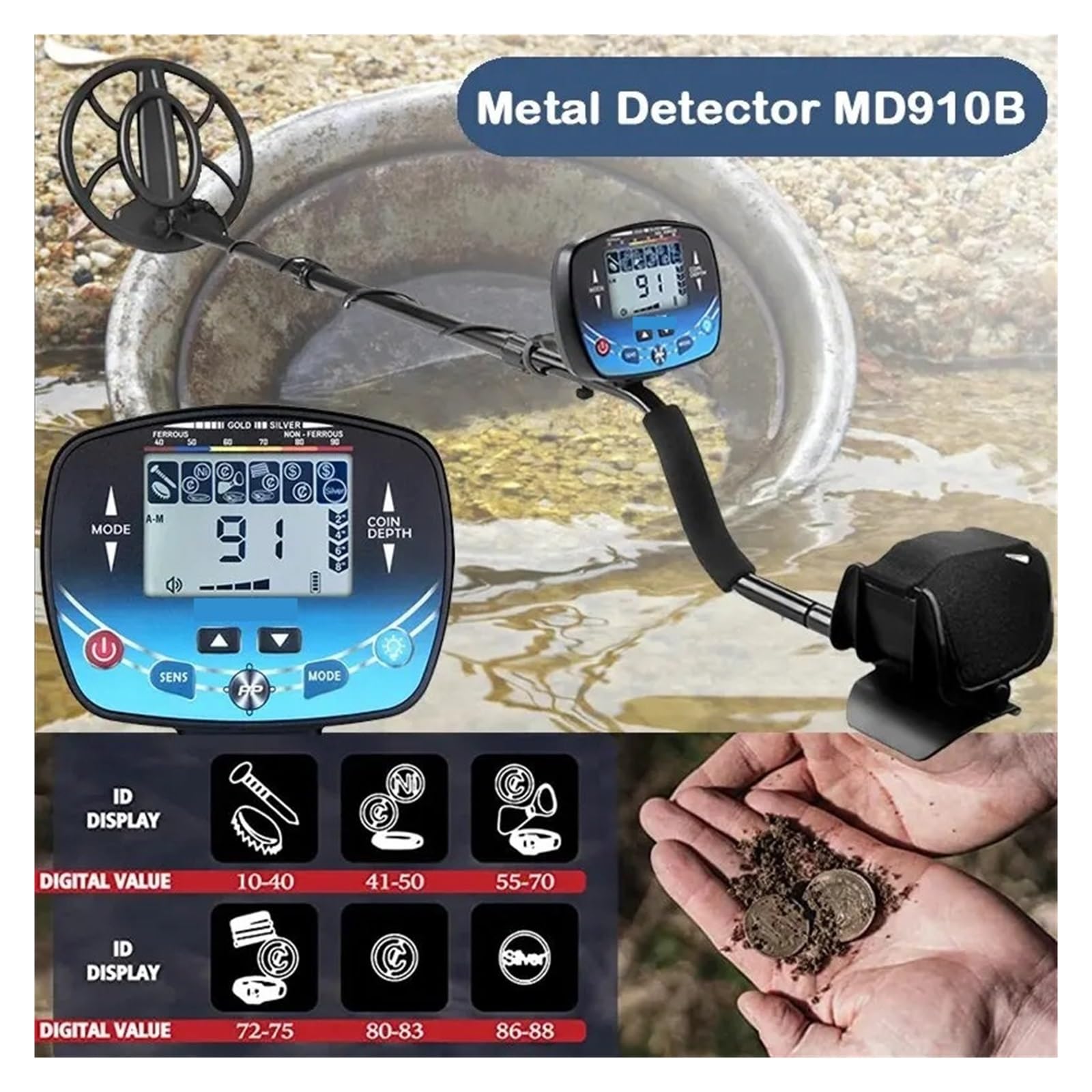 MD910B Wykrywacz metali o wysokiej wydajności Podziemny łowca skarbów 2,5 m Wykrywacz złota Lokalizator skarbów do polowań na plażę/złoto, wysoka czułość