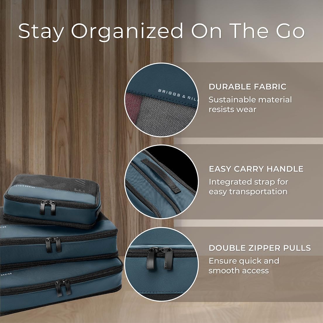 Briggs & Riley Carry On - Set di cubi per imballaggio a compressione, organizer per valigie e bagagli, per donne e uomini, accessori per le vacanze, 3 pezzi, oceano