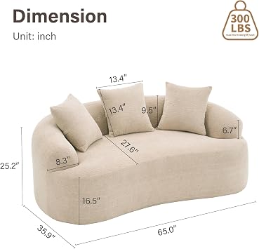 Loveseat Sectional Sofa for Living Room, 65 Modern Luxury Plush Chenille Extra Deep Seat Curved Cloud Floor Couch with 3 Throw Pillows for Small Spaces, No Assembly Needed, Apricot Taupe