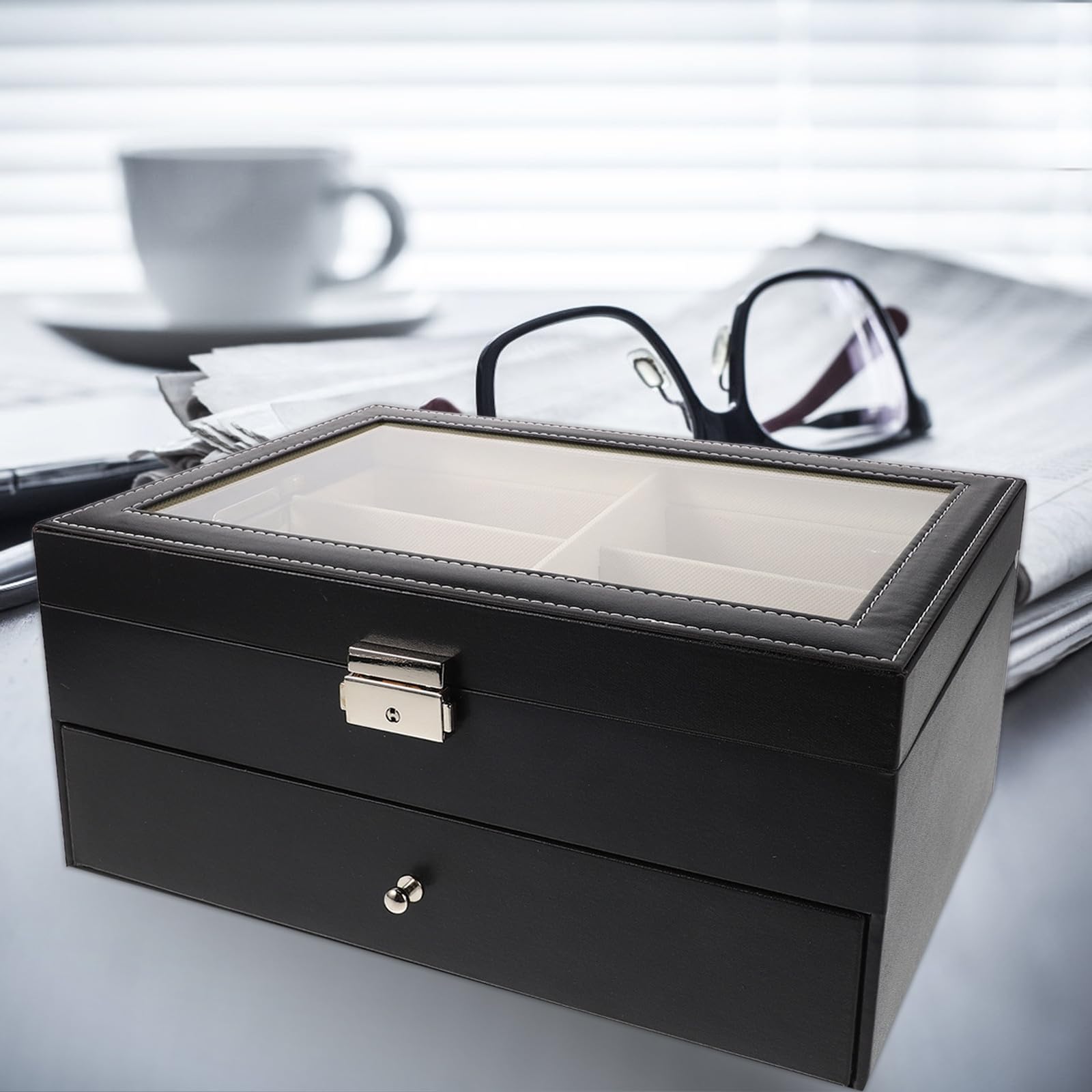 TEHAUX Caja Organizadora Rígida para Gafas de Sol con 12 Ranuras Doble Capa de Cuero Sintético Forro Interior Beige Acolchado Estuche Compacto para Viaje y Exhibición Casa