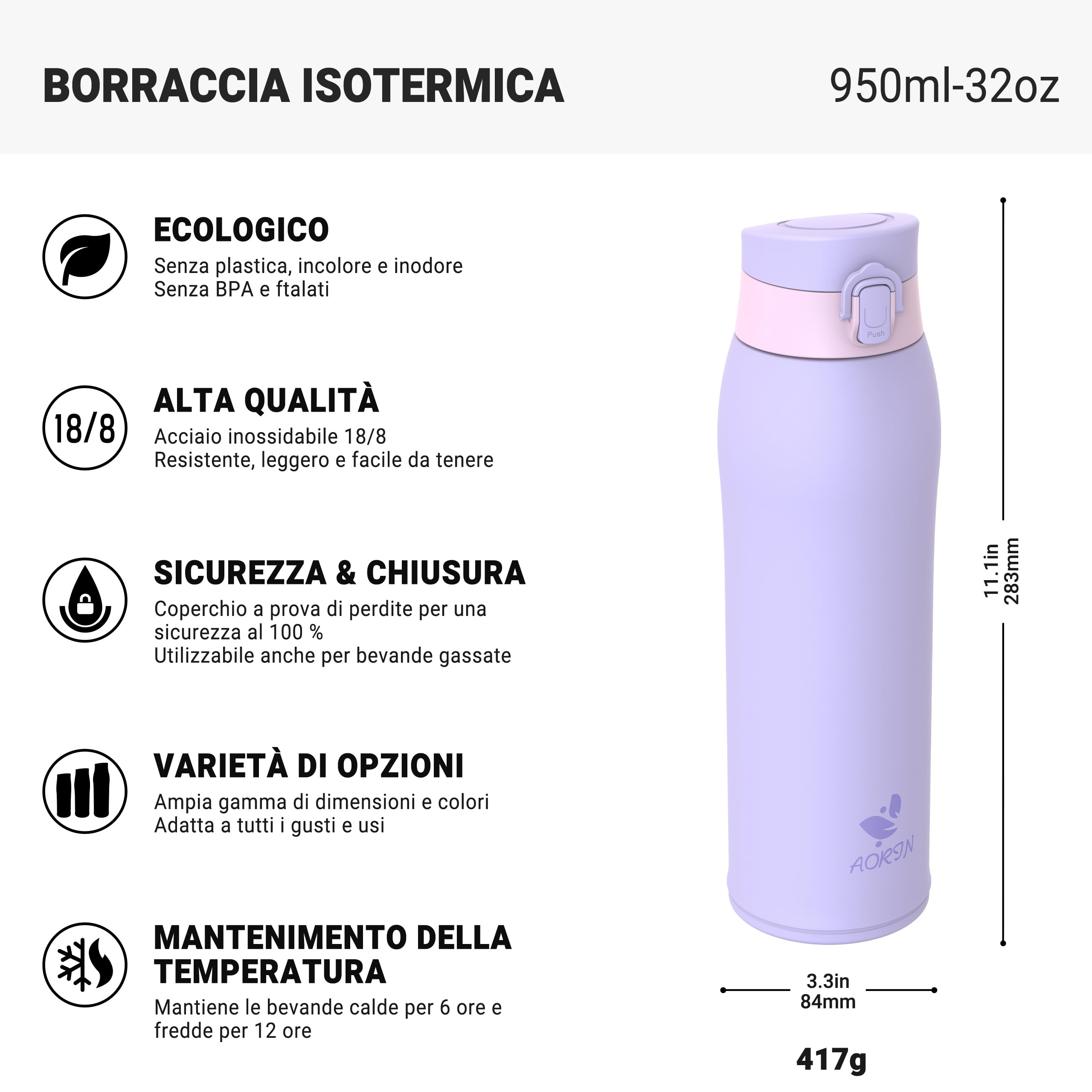 AORIN Borraccia Termica, Borraccia in Acciaio Inox 18/8, 950ml Borraccia Bambini, Bottiglia Termica Senza BPA e Perdite, Thermos per Sport, Outdoor e Pendolarismo con 2 Coperchi