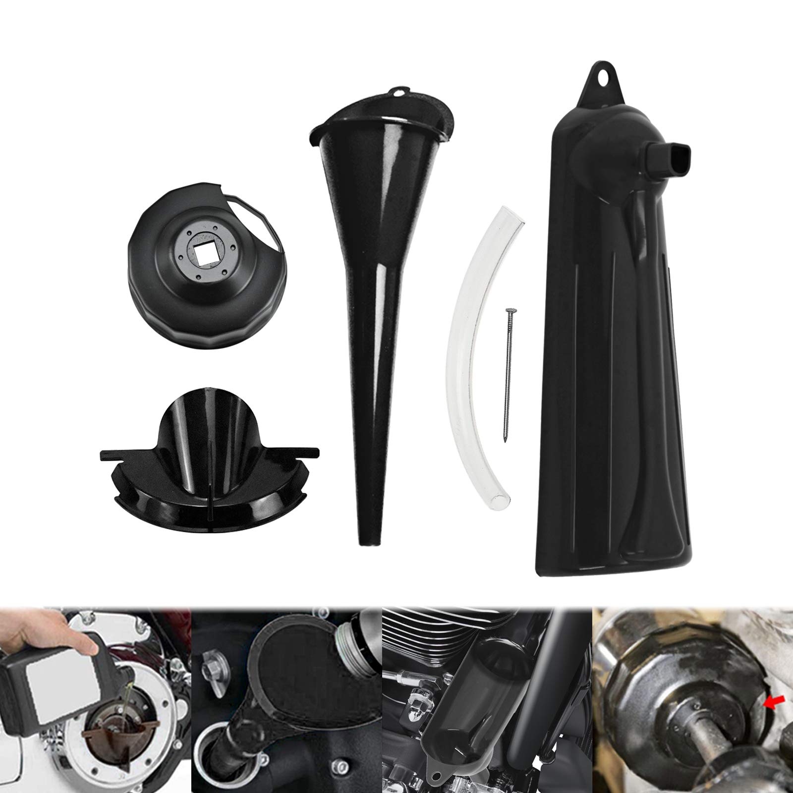 Chiave per filtro olio per motociclo Imbuto di scarico Primario Carter Case Oil Fill Change Kit Imbuto Drip Free Fit per Harley Sportster XL883 Breakout FXSB Touring Softail Dyna 4Pcs Nero