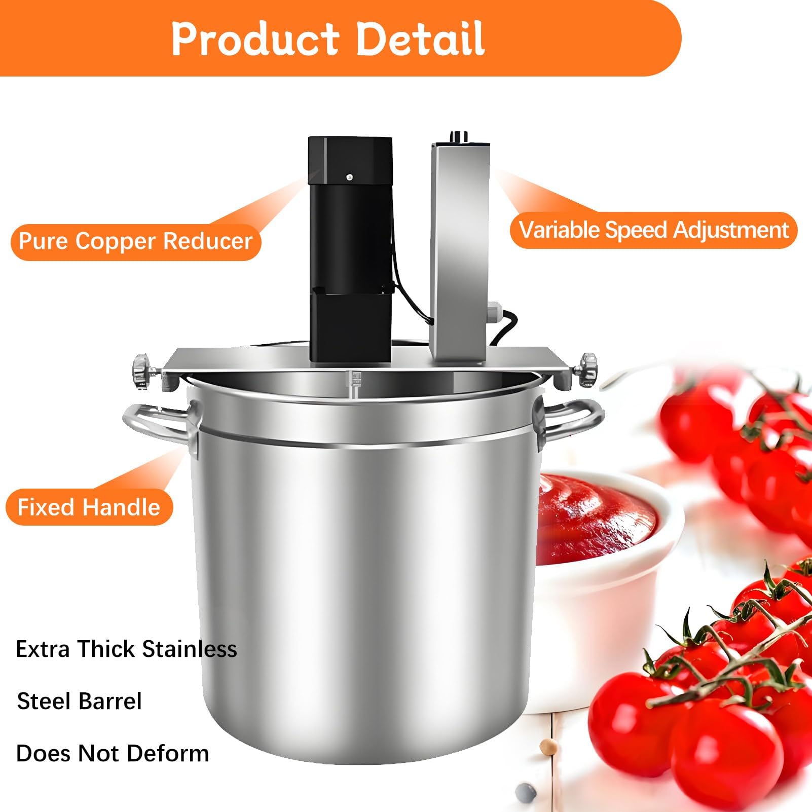 Mezclador de alimentos comercial, agitador automático con velocidad ajustable y cuchilla raspadora para salsas, mermeladas, chile y salsas de carne, perfecto para lotes de 30 L a 60 L