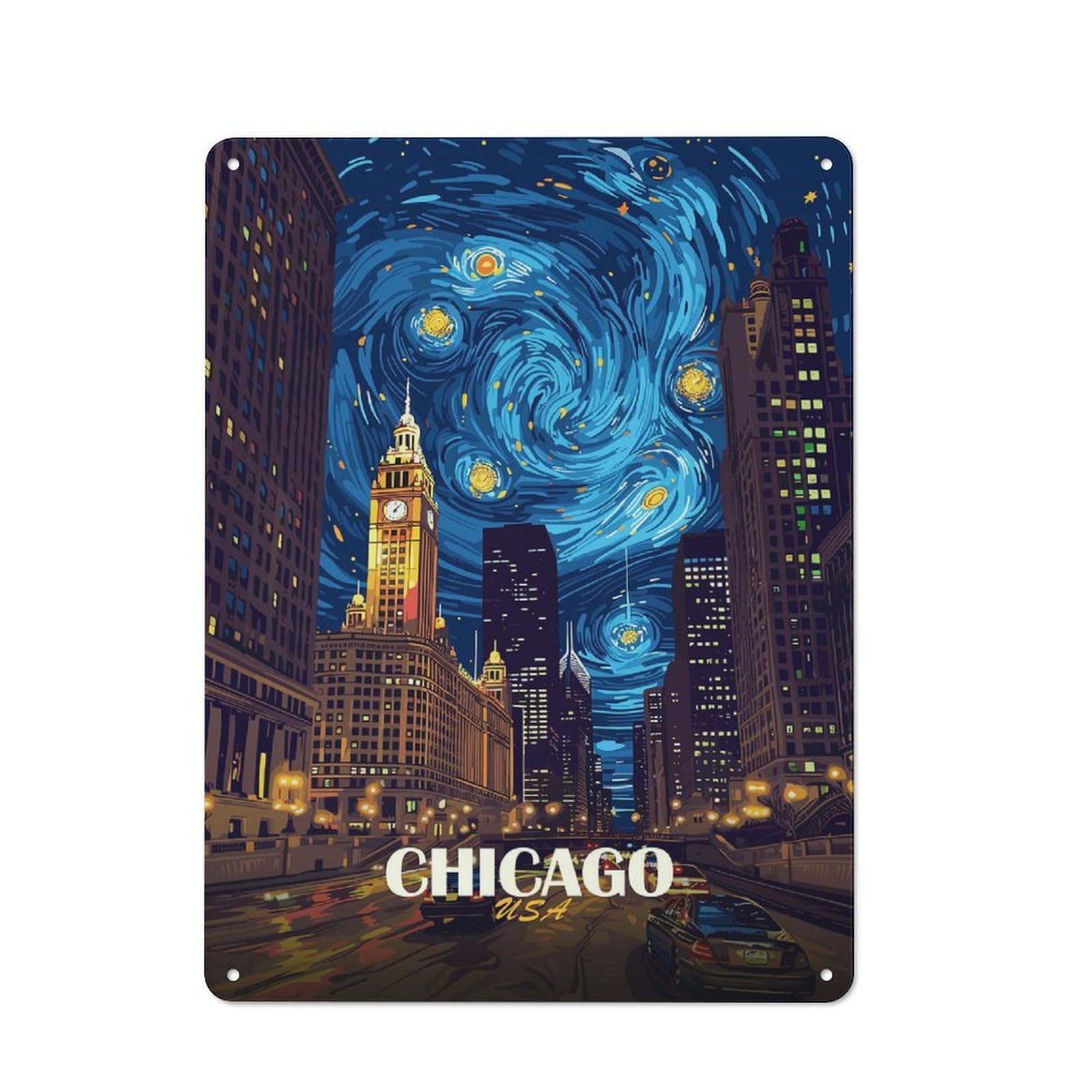 Junmoney Style-7 Tin Wall Plaque 40X30cm With Chicago Starry Night Cityscape For Bar Or Restaurant, For Hospitality Decor Collectors
