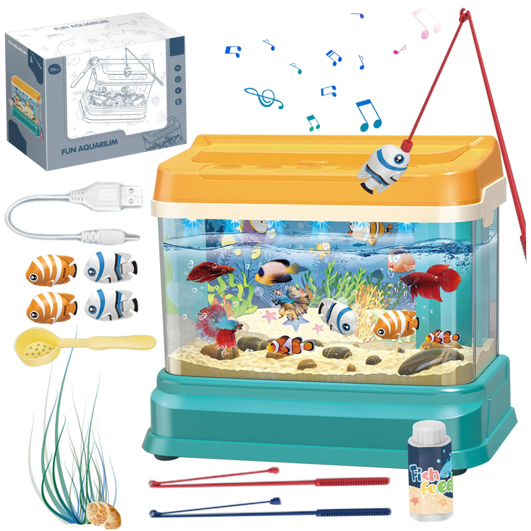 Bemonew Toy Fish Tank Baby Aquarium Toy, Educational Fish Tank with Light & Music, Artificial with 4 Magnetic, 2 Fishing Rod, Net & Feed Bottle