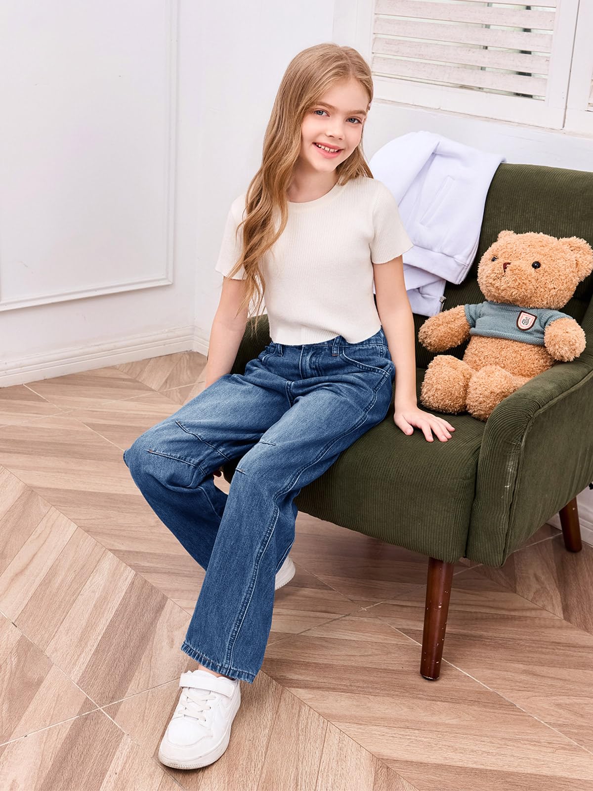 Haloumoning Jeans a gamba larga da bambina, alla moda, con elastico in vita, pantaloni larghi in denim con tasche, 5-14 anni