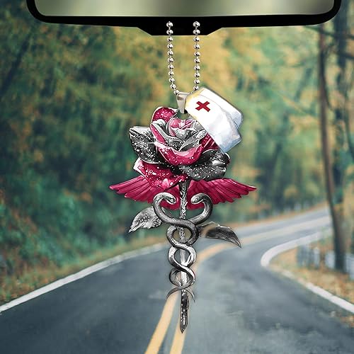 Miniatura 3 de Talataca Rosa Rosa Flor Enfermera Angel Wings Caduceus Rn CNA Regalo 2D Espejo Retrovisor Plano Accesorios Árbol de Navidad Decoración Colgante