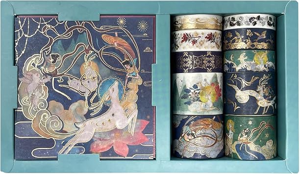 allydrew Decorative Gold Foil Washi Tape and Sticker Set for Stationery, Diary, Card Making 10 Rolls & 10 Sheets, Deer Song