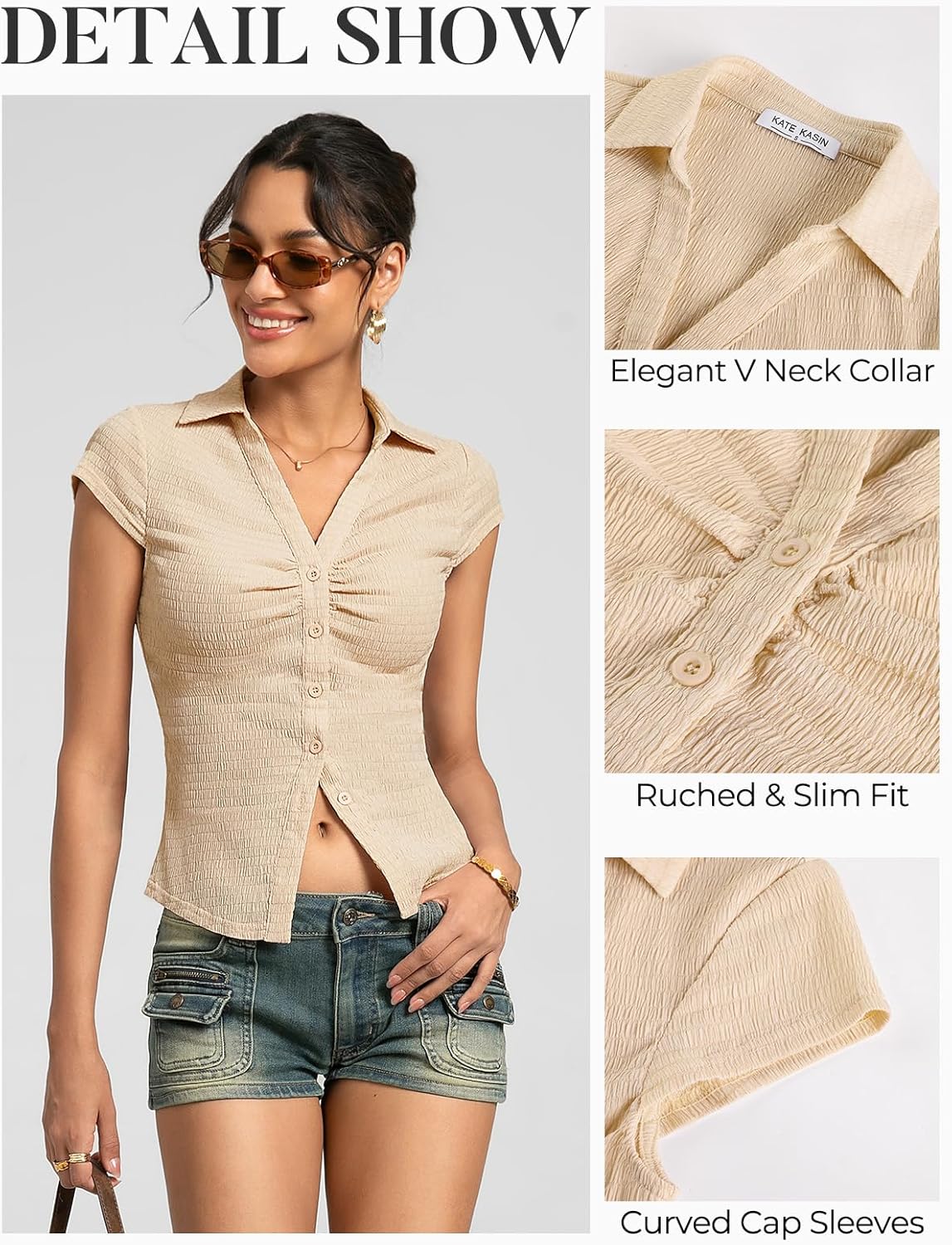 Kate Kasin Women Button Down Textured Blouse, V-Neck Ruched Tops with Y2K Collar, Slim Fit Cap Sleeve Going Out Casual Shirt - Image 7