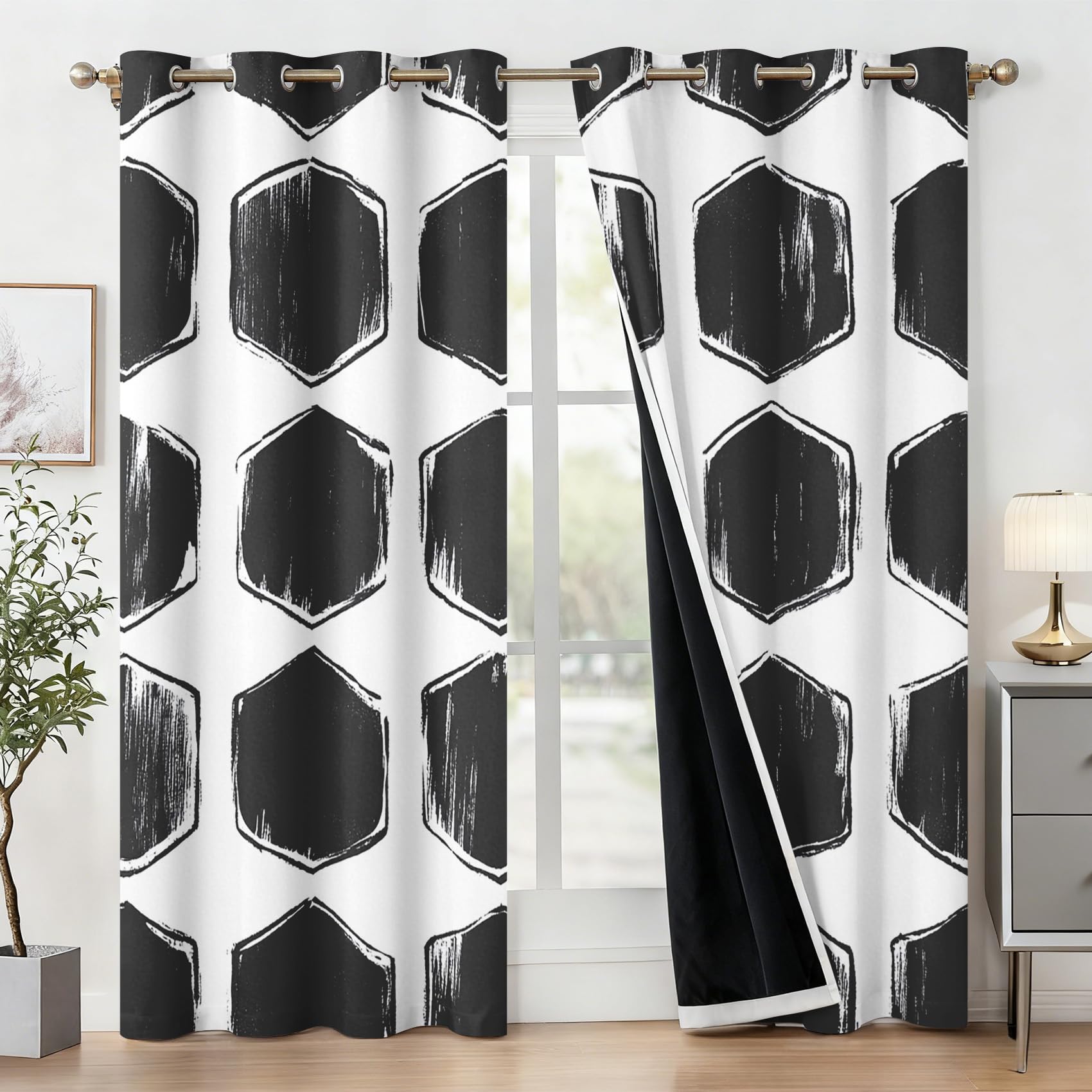 Black White Geometric Curtains for Living Room 39 Inch Length, Abstract Hexagon Blackout Curtains Bedroom Decor, Modern Geometry Grommet Thermal Black Out Window Drapes 2 Panels Pv-106