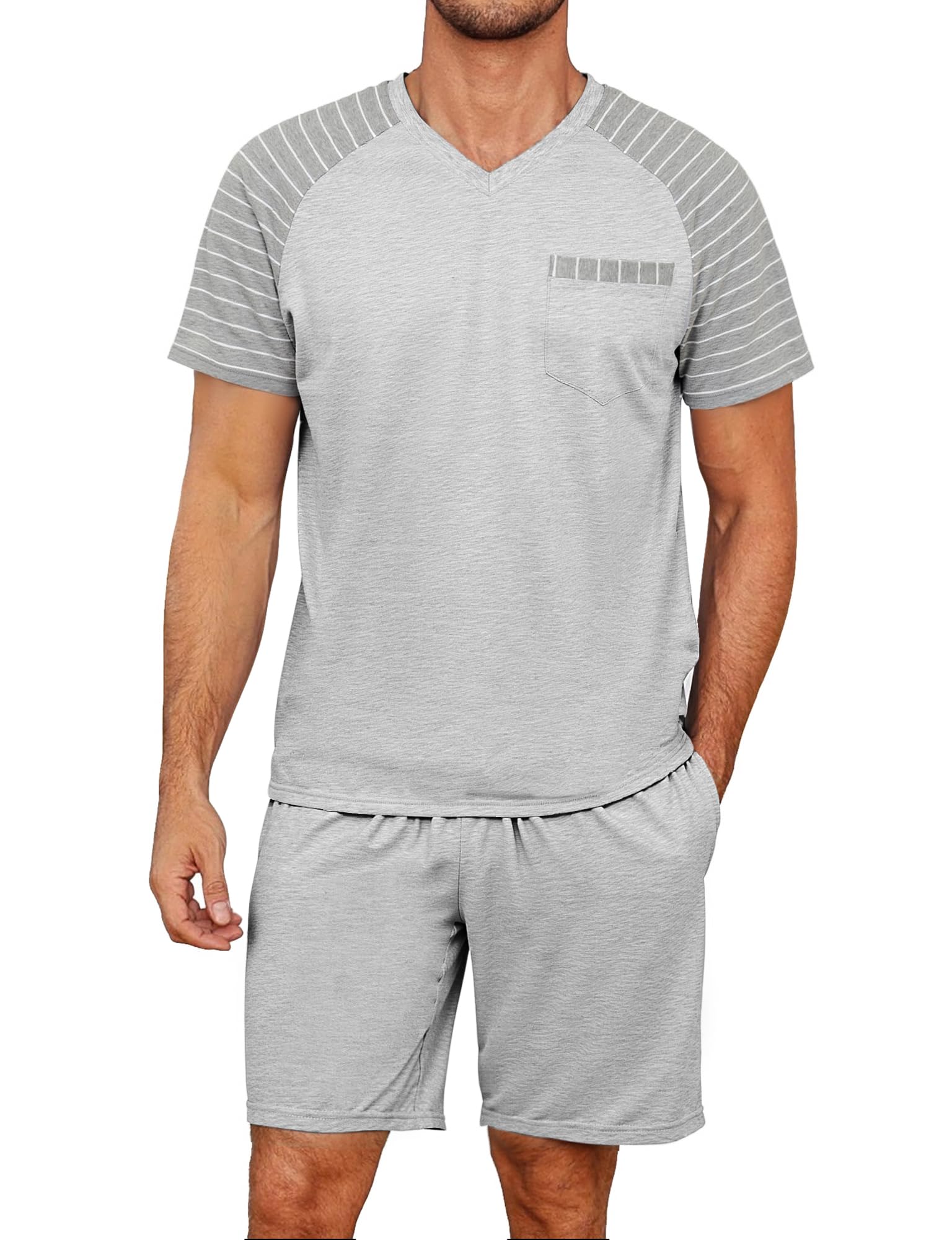 Litherday Pijama Hombre Algodón Verano Conjunto de Ropa de Dormir de Camisetas de Pijamas a Rayas de Manga Corta y Pantalones Cortos para 2 71uYat7J2JL