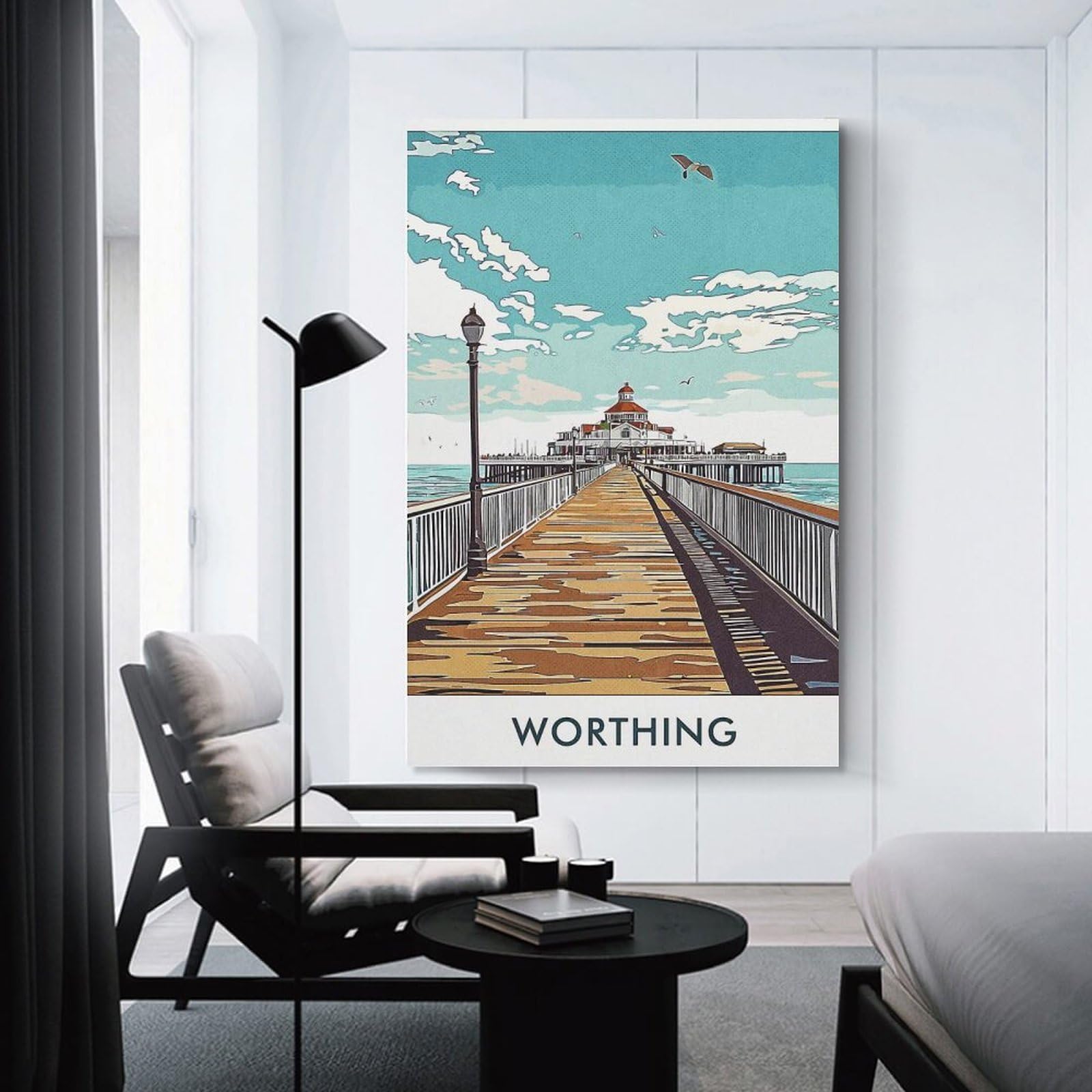 Junmoney Unframe-Style-16 Worthing Pier Illustration Decorative Wall Artwork, 24X36inch(60X90cm), For Work Areas, Reading Rooms Or Studios, Wall Art That Adds Style To Work Areas