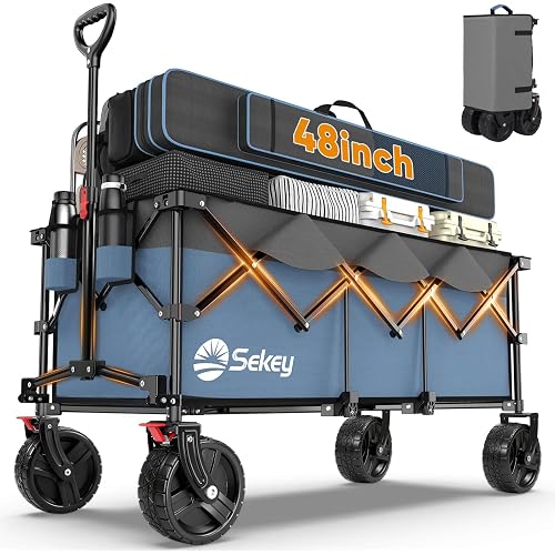 Sekey 48" Collapsible Wagon Cart, 300L Foldable Utility Wagon with 660 lb Capacity, Big All-Terrain Wheels with Brakes, Heavy Duty Garden Cart for Beach, Camping, Sports, Shopping