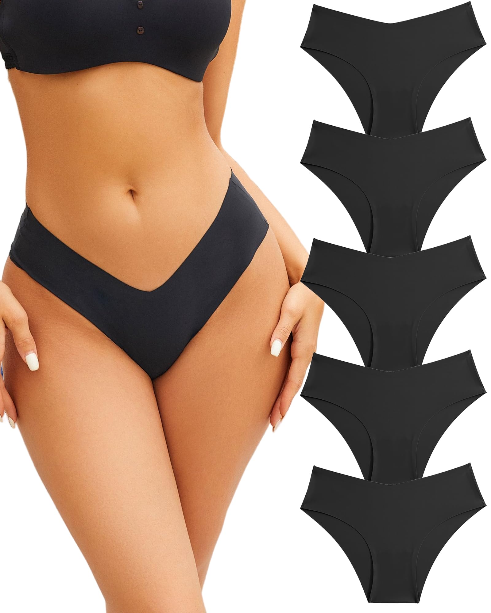 Women’s Seamless Underwear Soft Stretch Briefs Invisibles Hipster V Cut cheeky No Show Bikini Panties 5 pack XS-L