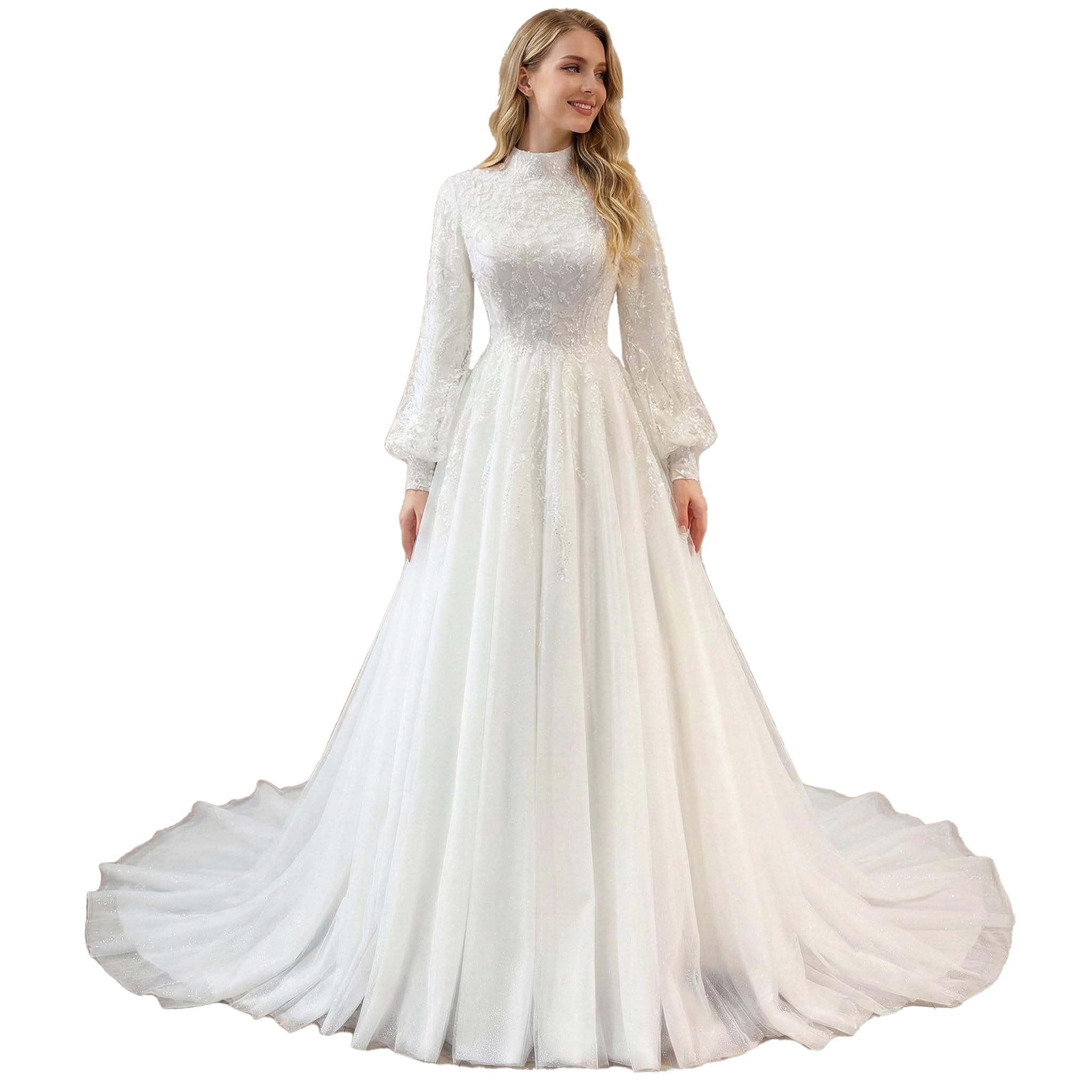 Robe de mariée Musulmane à Manches Longues Robe de Mariage Modeste à Perles pour la mariée Musulmane BA-MU1246