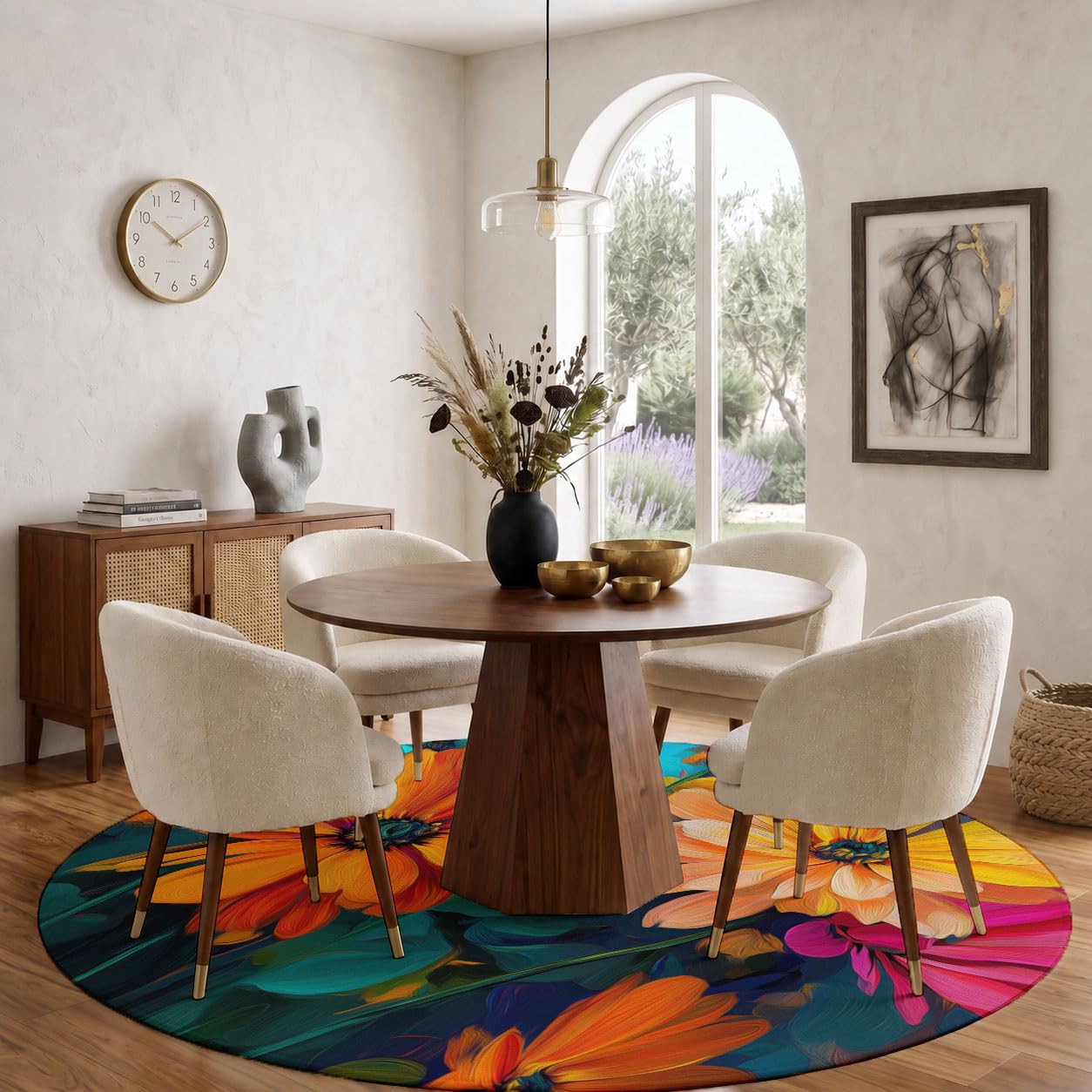 Tappeto rotondo Ø 100 cm, lavabile in lavatrice e antiscivolo, morbido tappeto rotondo Dipinti Ad Olio Impressionisti Gerbera, per soggiorno camera da letto sala da pranzo