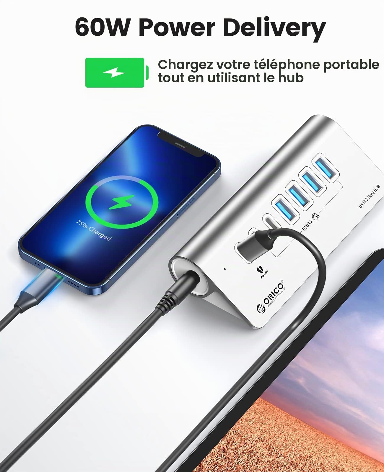 Hub USB, ORICO Hub USB C 3.2 Gen 2 alimenté à 7 ports 10 Gbit/s avec 4 USB A, 2 USB C, PD 60 W, adaptateur d'alimentation 24V/3A, répartiteur USB en aluminium avec 0.5m câble pour Macbook, Macbook Pro
