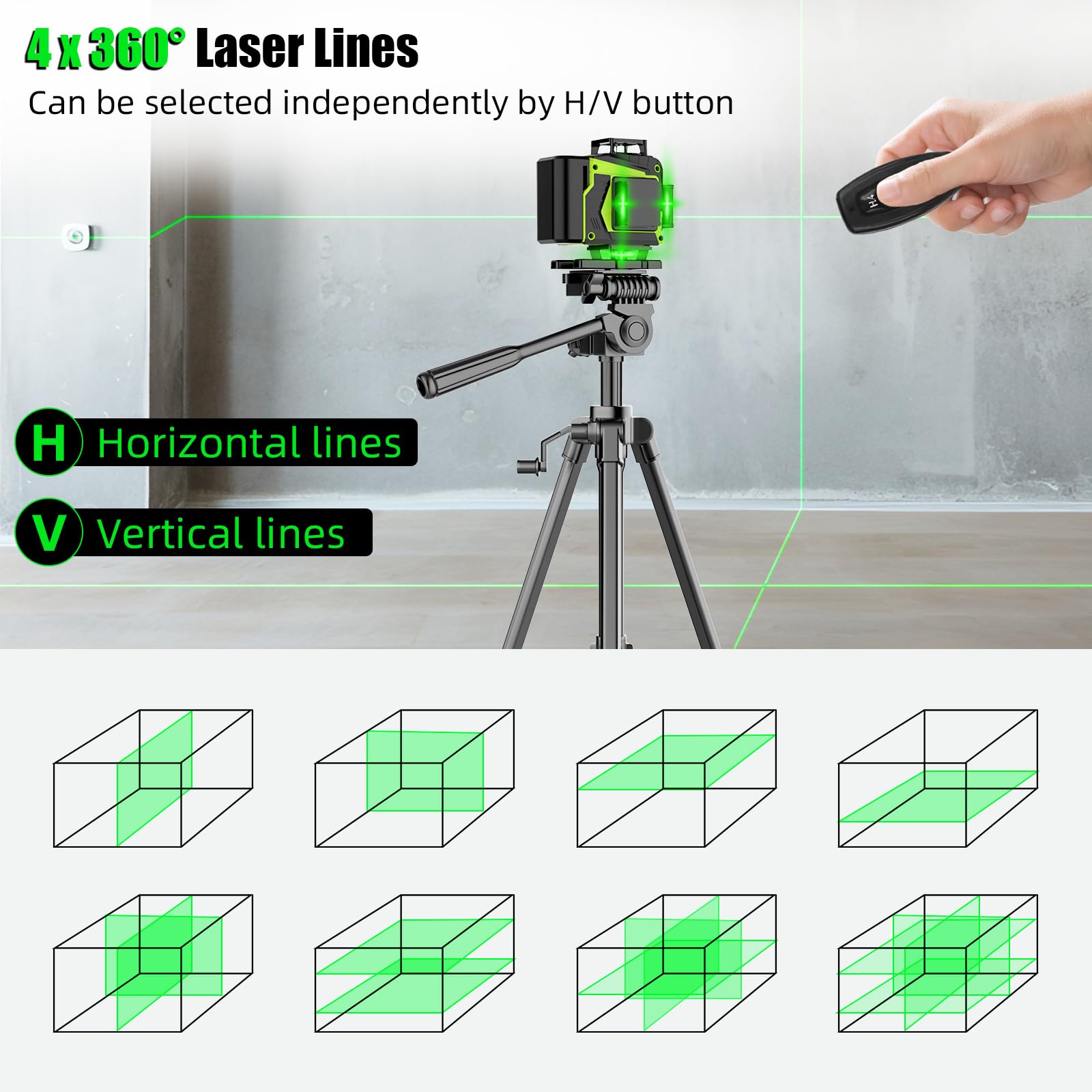 Nivel Laser Autonivelante 360 Grados, 4 x 360 °Nivel Láser 16 lineas,Verde nivel laser 360, 360 Líneas Vertical/Horizontal Conmutables,2 Batería, Control Remoto, Base Magnética,Bolsa Portátil