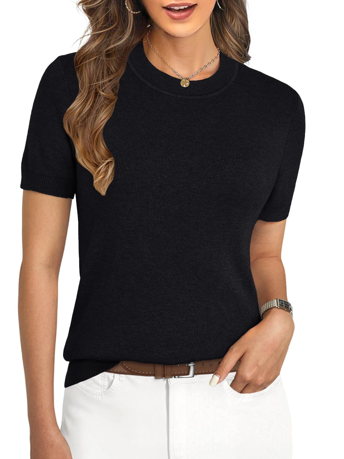 Womens Soft Short Sleeve Wool Blend Pullover Sweater for Business Casual Fashion
