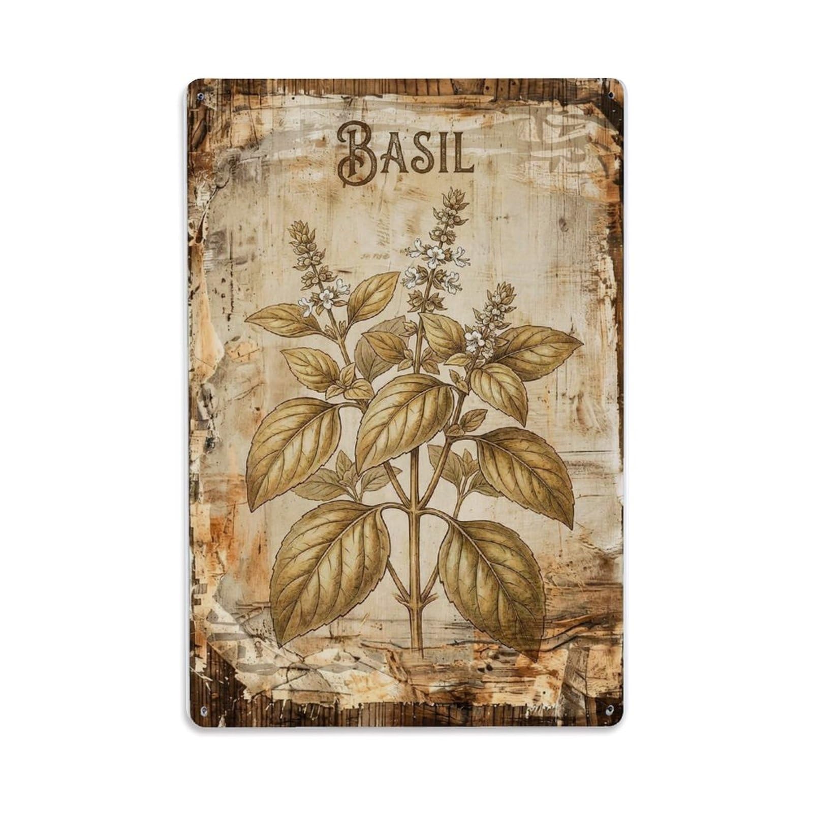 Fqnyr Style Basil Herb Fresh Metal Tin Sign Plaque Wall Decor For Cafe, Club Bar, Office, Home Garden Metal Poster 8X12inch