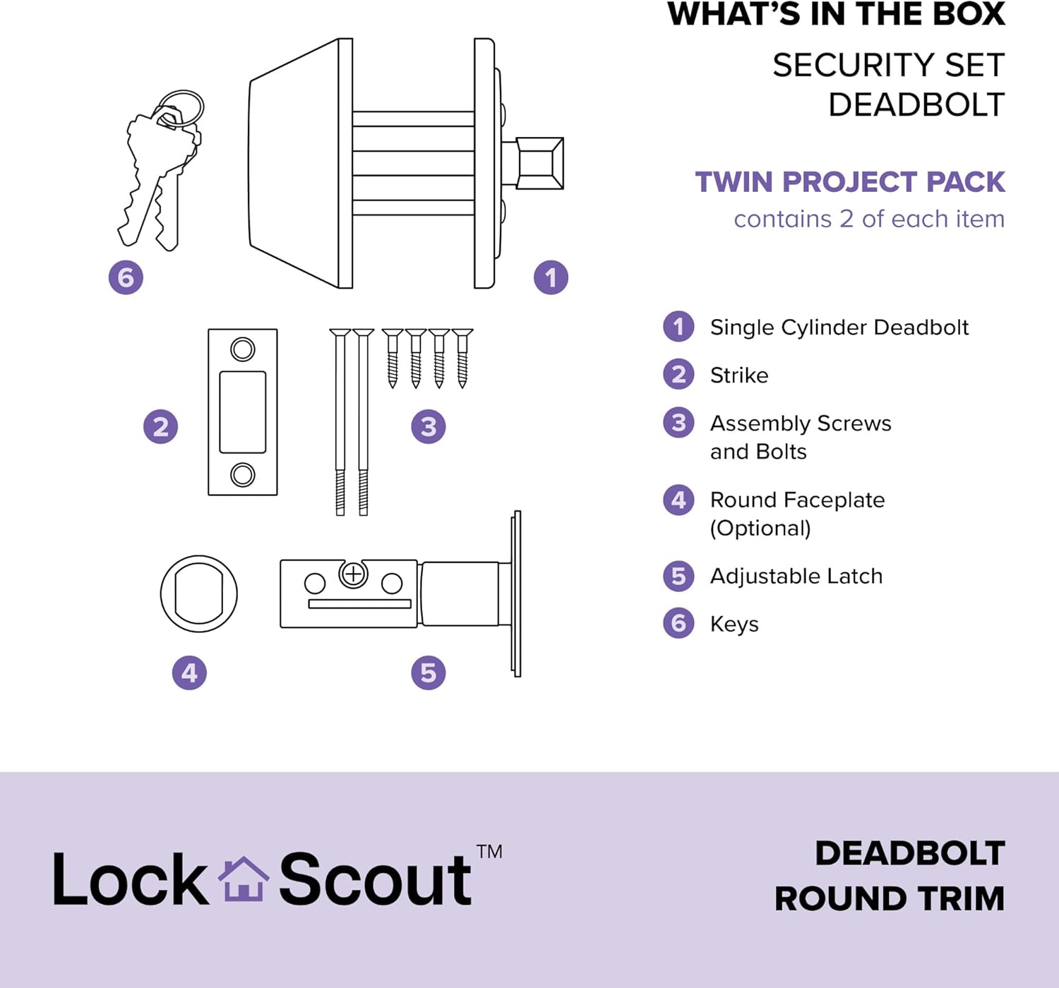 Lock Scout Straight Lever with Round Trim Keyed Entry Door Handle and Single Cylinder Deadbolt, Matte Black Finish, 2 Pack