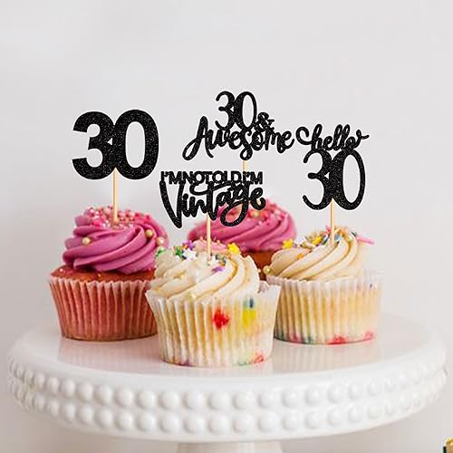 Miniatura 10 de Ercadio Paquete de 24 adornos para cupcakes de 30 años con purpurina negra para cupcakes de 30 años para 30 cumpleaños, aniversario, fiesta,
