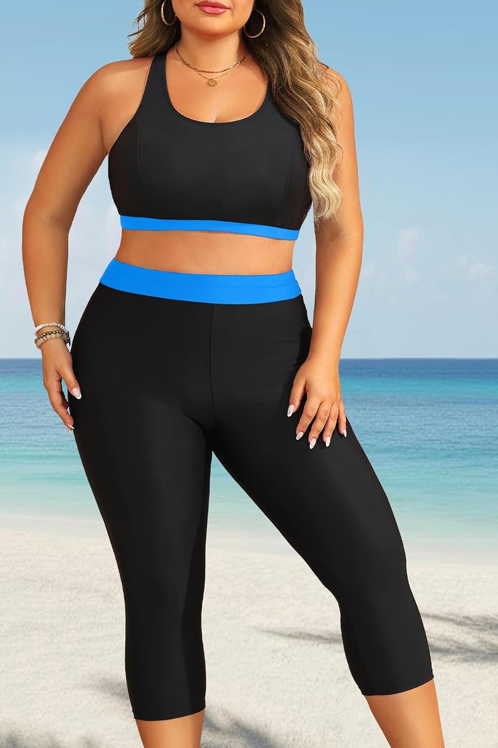 Yonique 3 Piece Plus Size Swimsuits for Women Tankini Tops with Sports Bra and Swim Capris Athletic Bathing Suits - Image 3