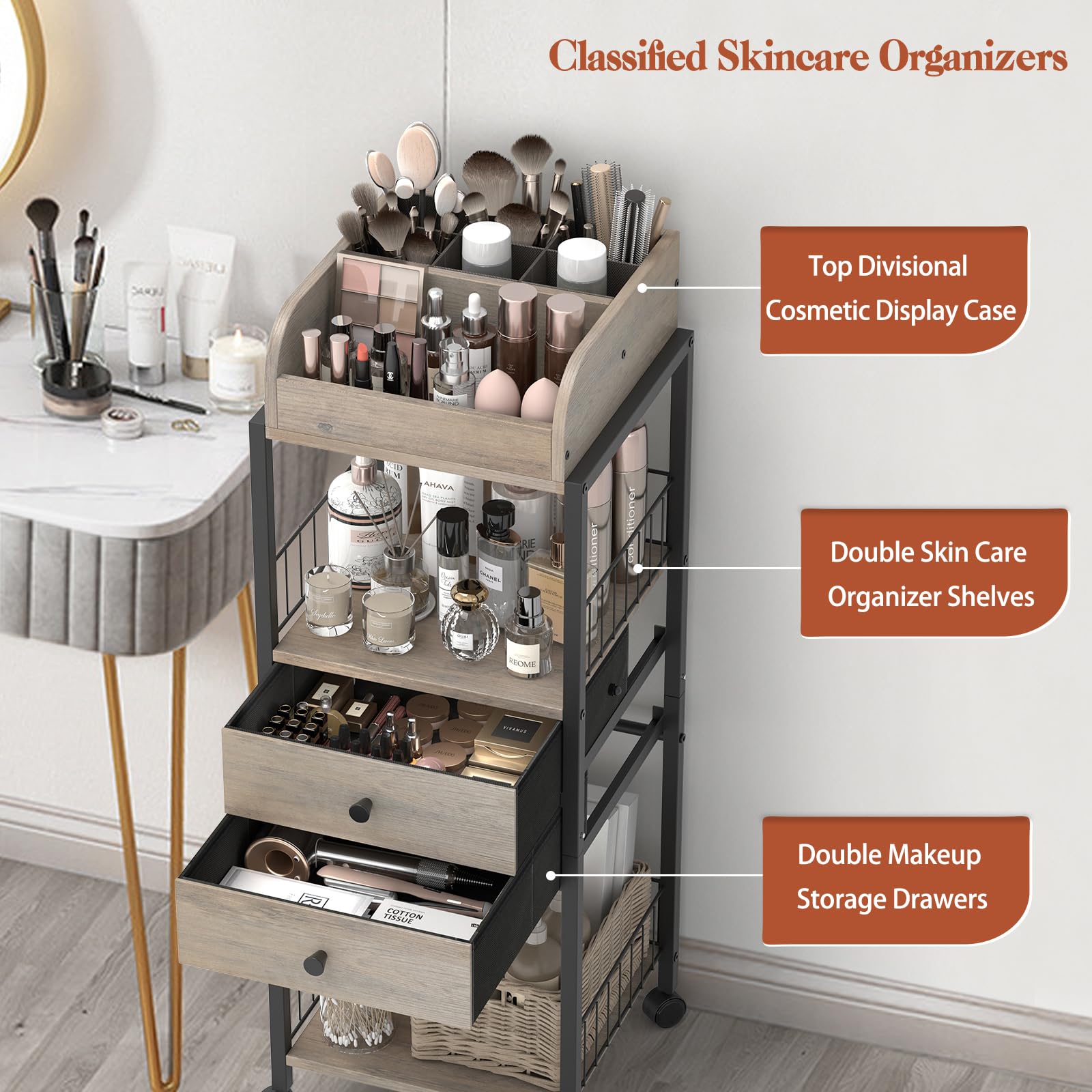 Floor Makeup Organizer with Drawers and Shelves