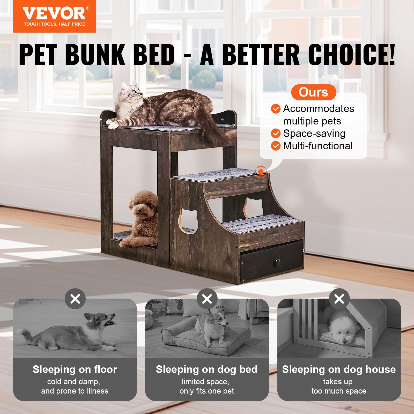 VEVOR Etagenbett für Haustiere mit Abnehmbarer Treppe, Fenstersitzstange für Hunde/Katzen mit Stauraum, mehrstufiges Bett, Fenstersitzstange, Schlafcouch, Sitzplattform für Haustiere, 830x450x675mm