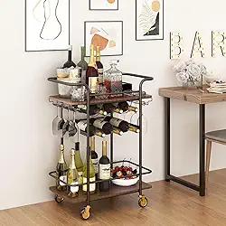 Carrinho de Bar de 3 Níveis com Rodas, Carrinho de Bar Externo para a Casa com Rack de Vinho e Suporte para Copos, Carrinho de Servir para Casa, Sala de Jantar, Festas, Quatro Camadas, Preto