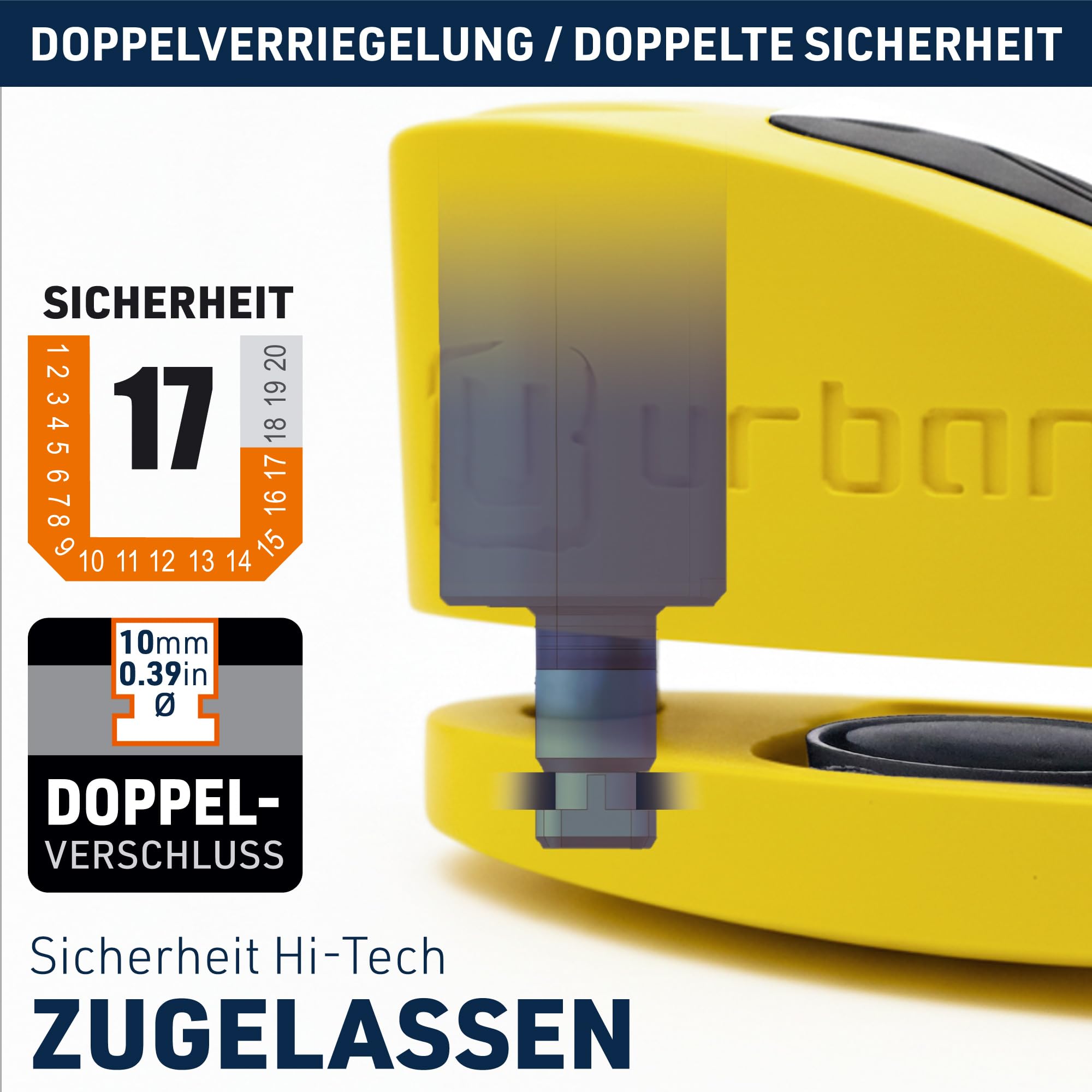 URBAN UR910Y Bremsscheibenschloss mit Alarm 120dB ON/OFF, Gelb+Schwarz Edelstahl lackiert +Abschreckend, SRA & Sold Secure Gold Zertifiziert, Doppelverriegelung Ø10 mm, Motorrad Schloss für Scooter