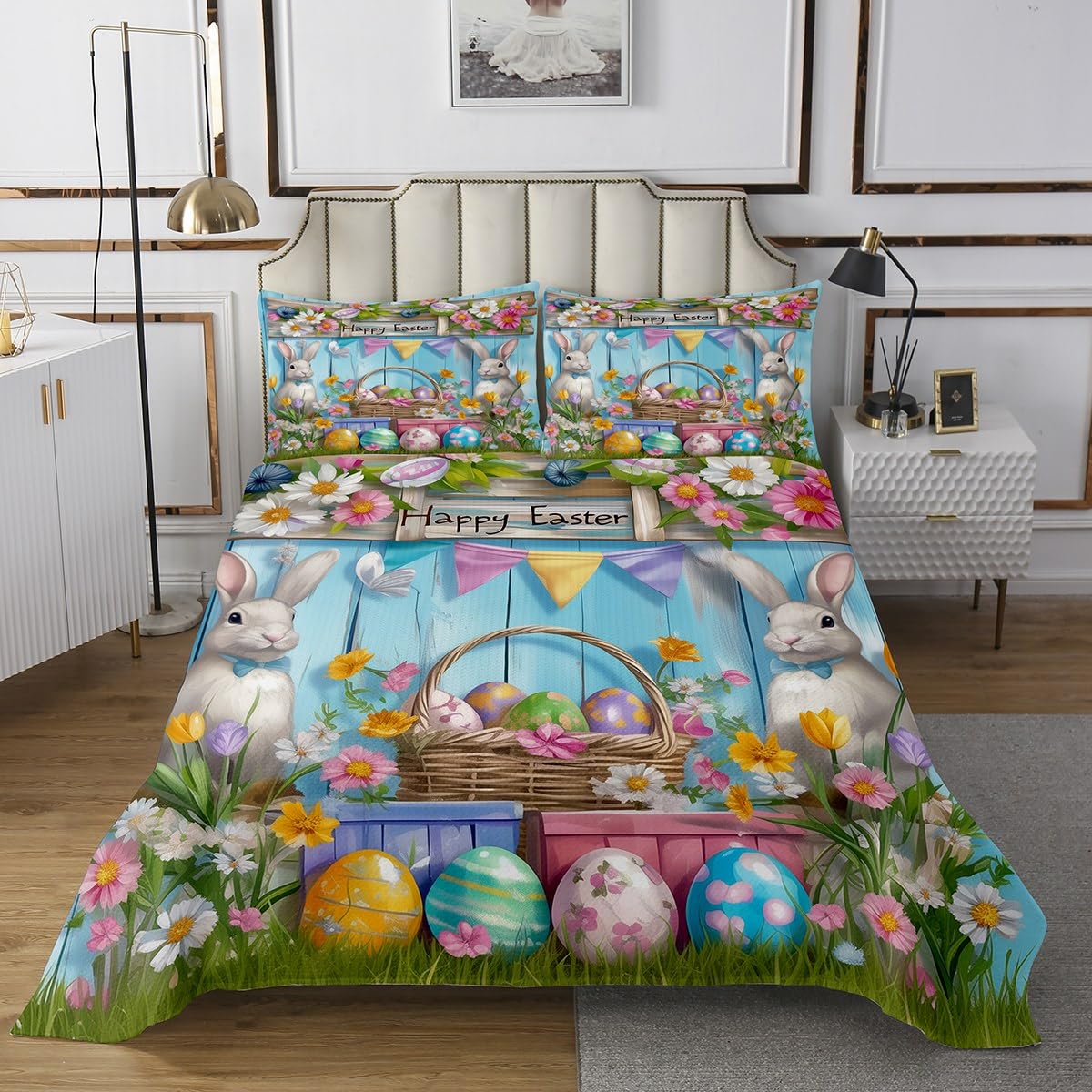 Homewish Cute Rabbit Bedspread Queen Size,Happy Easter Rabbit Bedding Set for Kids Boys Girls Room Decor,Spring Garden Flower Quilt 3Pcs,Easter Egg Animal Floral Blue Coverlet Set,2 Pillowcases