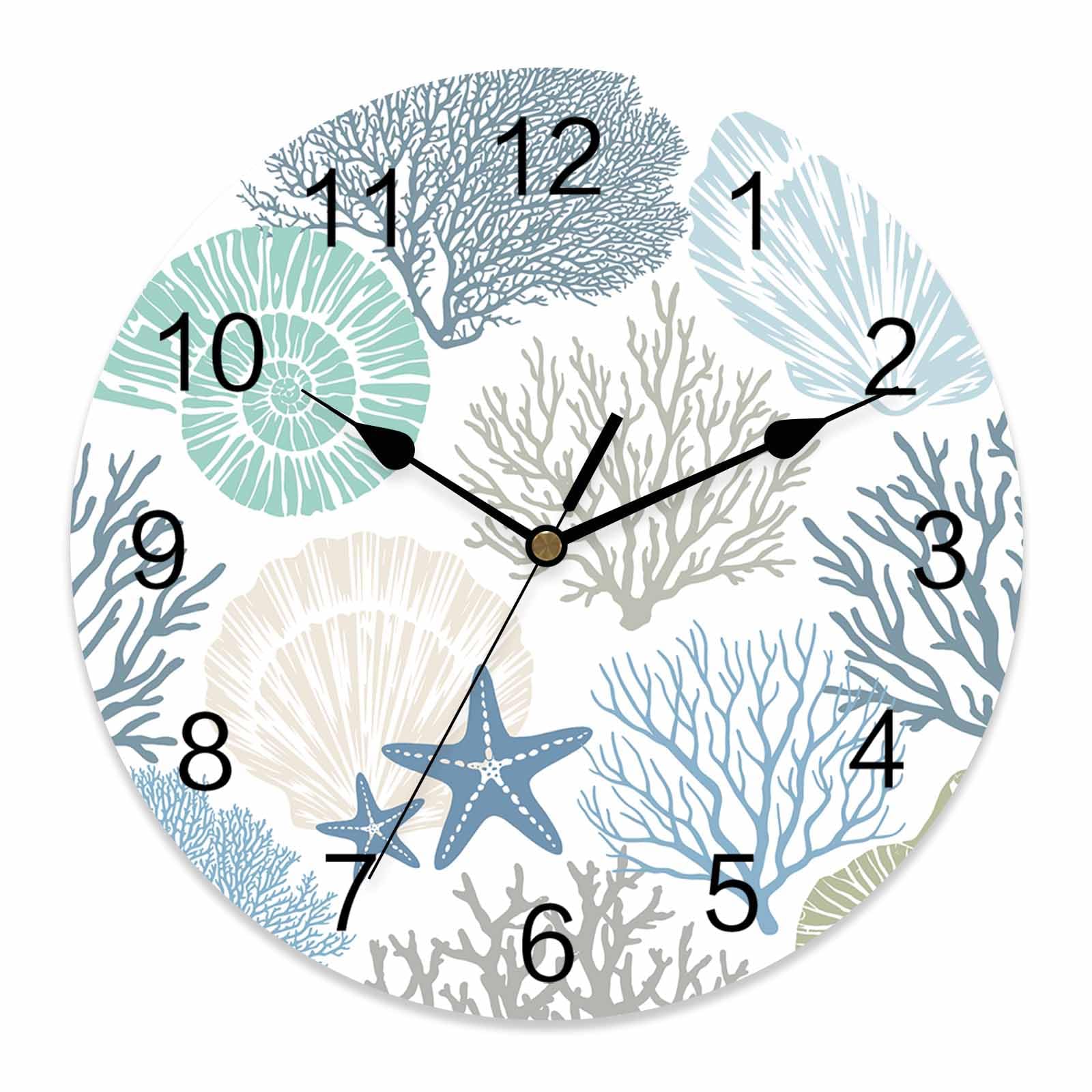 Orologio da parete in PVC con oceano costiero e corallo, silenzioso, senza ticchettio, funzionamento a batteria, orologio rotondo per casa, soggiorno, ufficio, cucina, camera da letto, bagno,