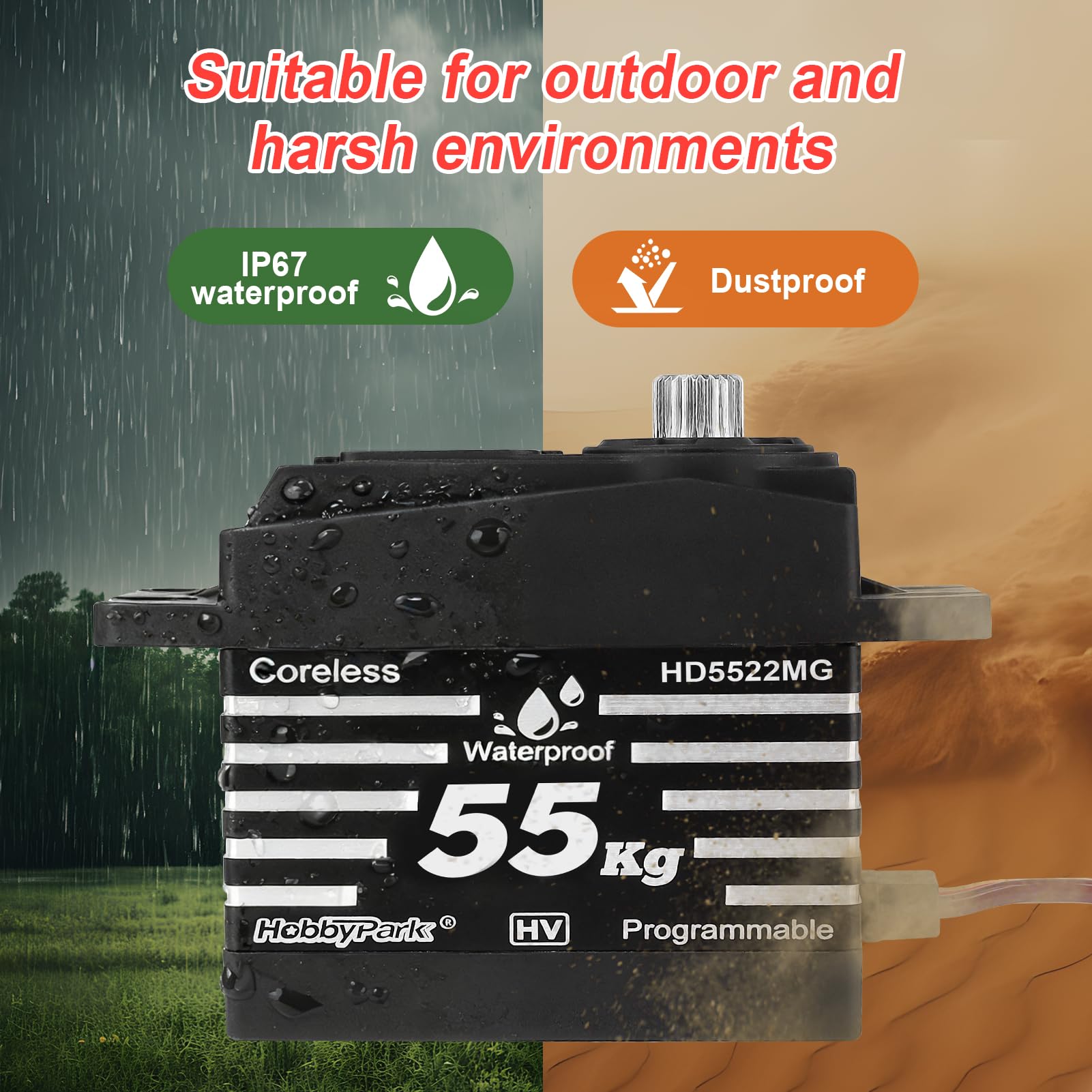 HobbyPark Servo RC impermeable de alto par de 55 kg, motor sin núcleo, tamaño estándar, servos de dirección RC, HV 4.8-8.4 V, todos los engranajes de metal para coches RC 1/8 1/10, camiones, Buggy