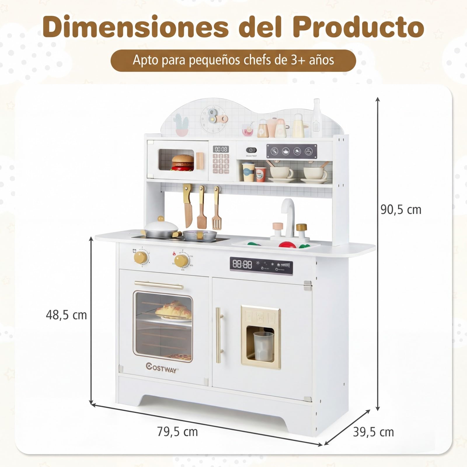 COSTWAY Cocina de Juguete para Niños, Cocinita Infantil de Madera con 17 Accesorios, Horno, Máquina de Hielo y Estufa, Cocina de Juguete para Juegos de rol, para Niños de 3+ Años (Blanco)