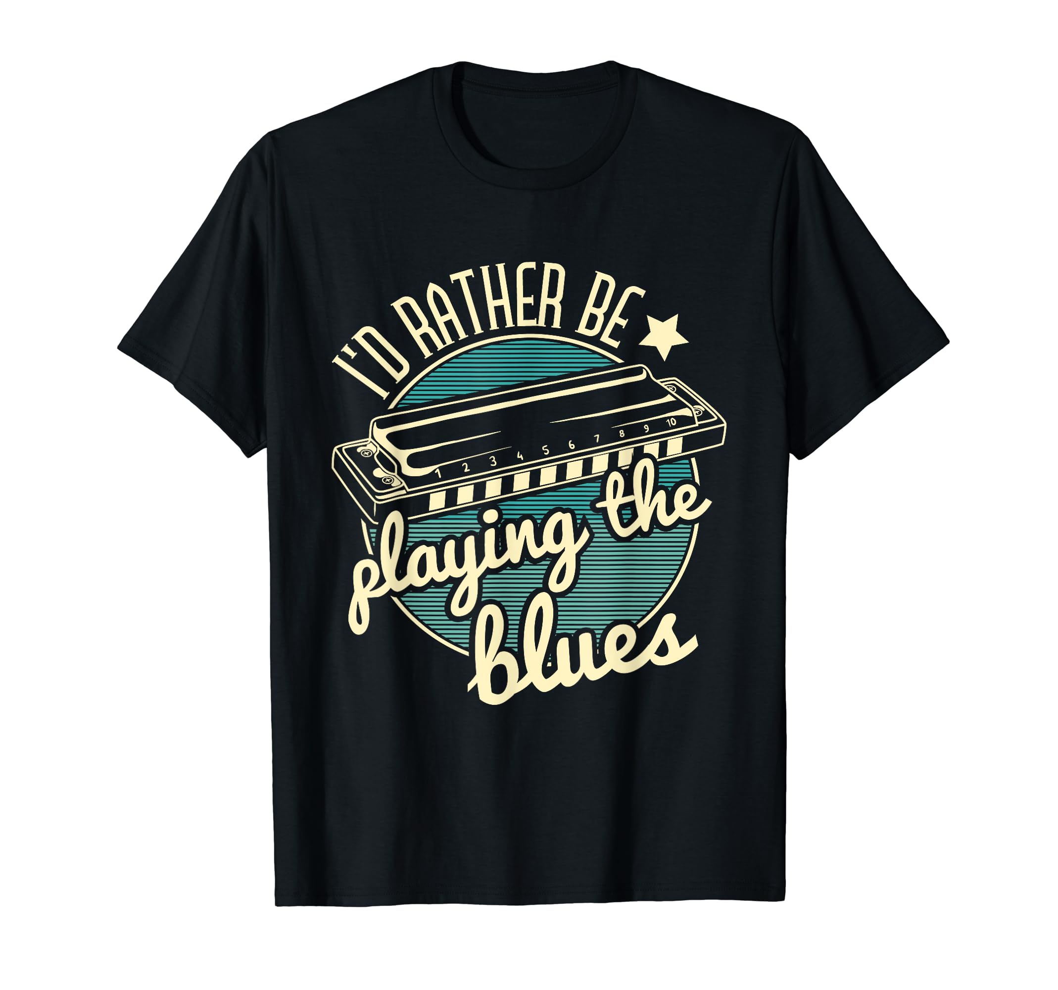 Funny Harmonica ShirtsI'd Rather Be Playing The Blues Harmonica Player Harmonicist T-ShirtOEKO-TEX STANDARD 100