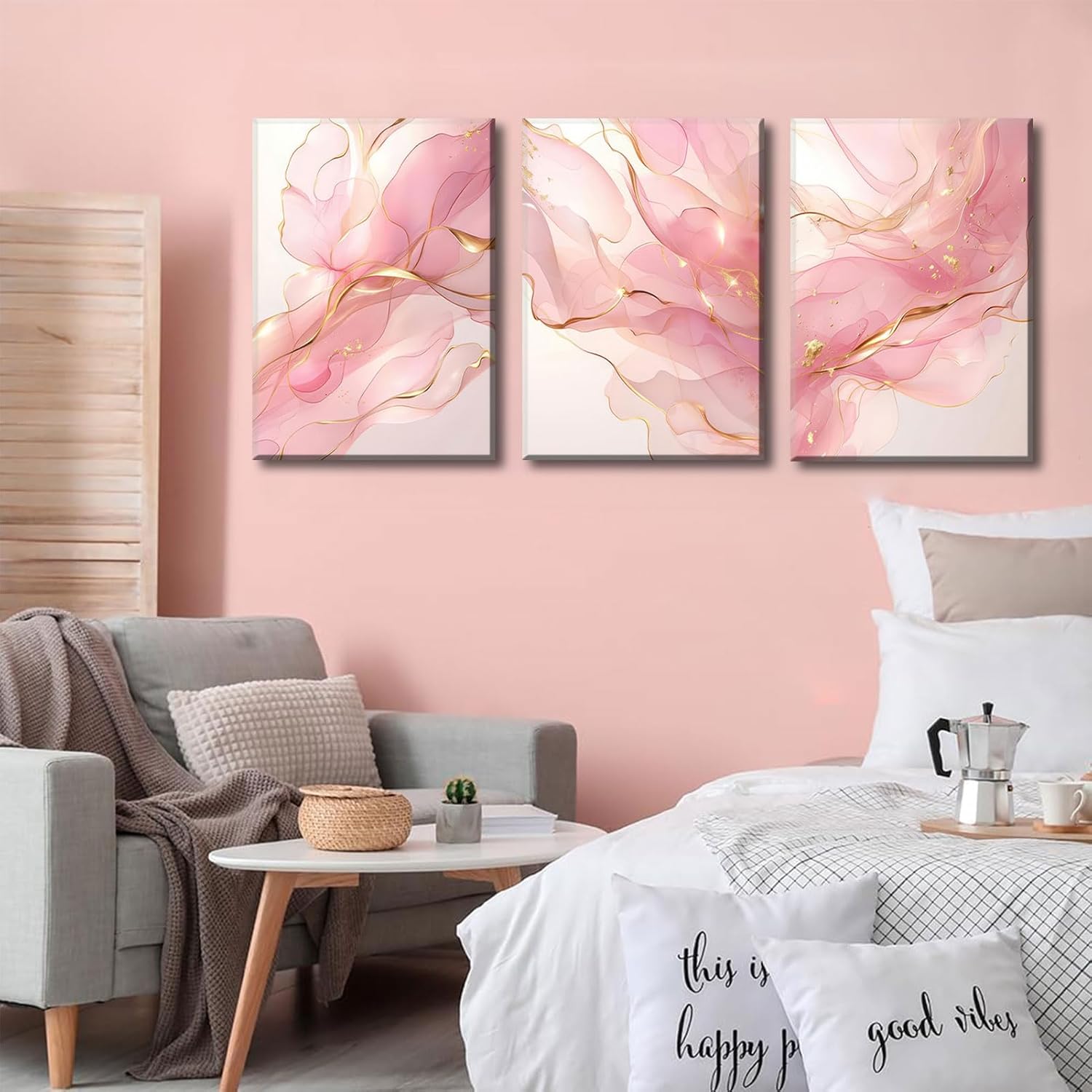 Pink Marble Abstract Canvas Wall Art Pink and Gold Abstract Marble Wall Decor Pictures Neutral Modern Minimalist Posters Prints for Living Room Bedroom Home Decoration 12x16in