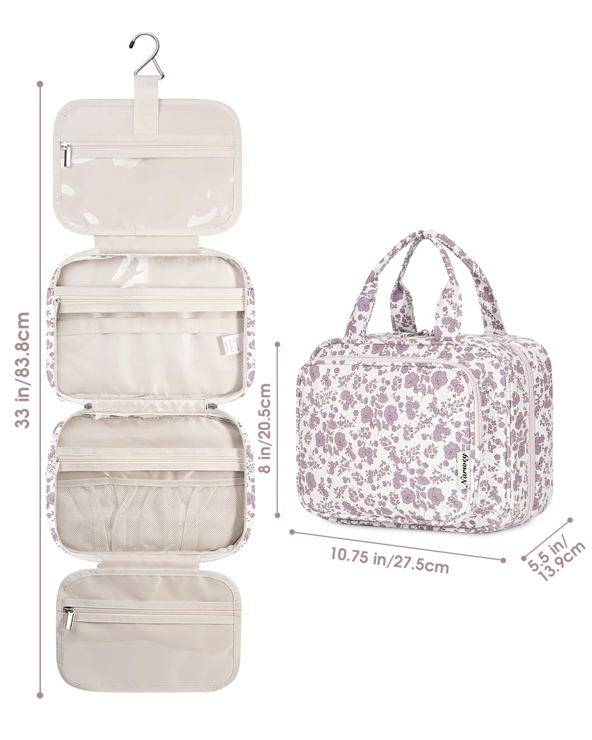 Narwey Hanging Travel Toiletry Bag for Women Wash Bag Cosmetics Makeup Bag Organizer for Travel Size Accessories (Little Dusty Pink Flower (Medium)) — view 8