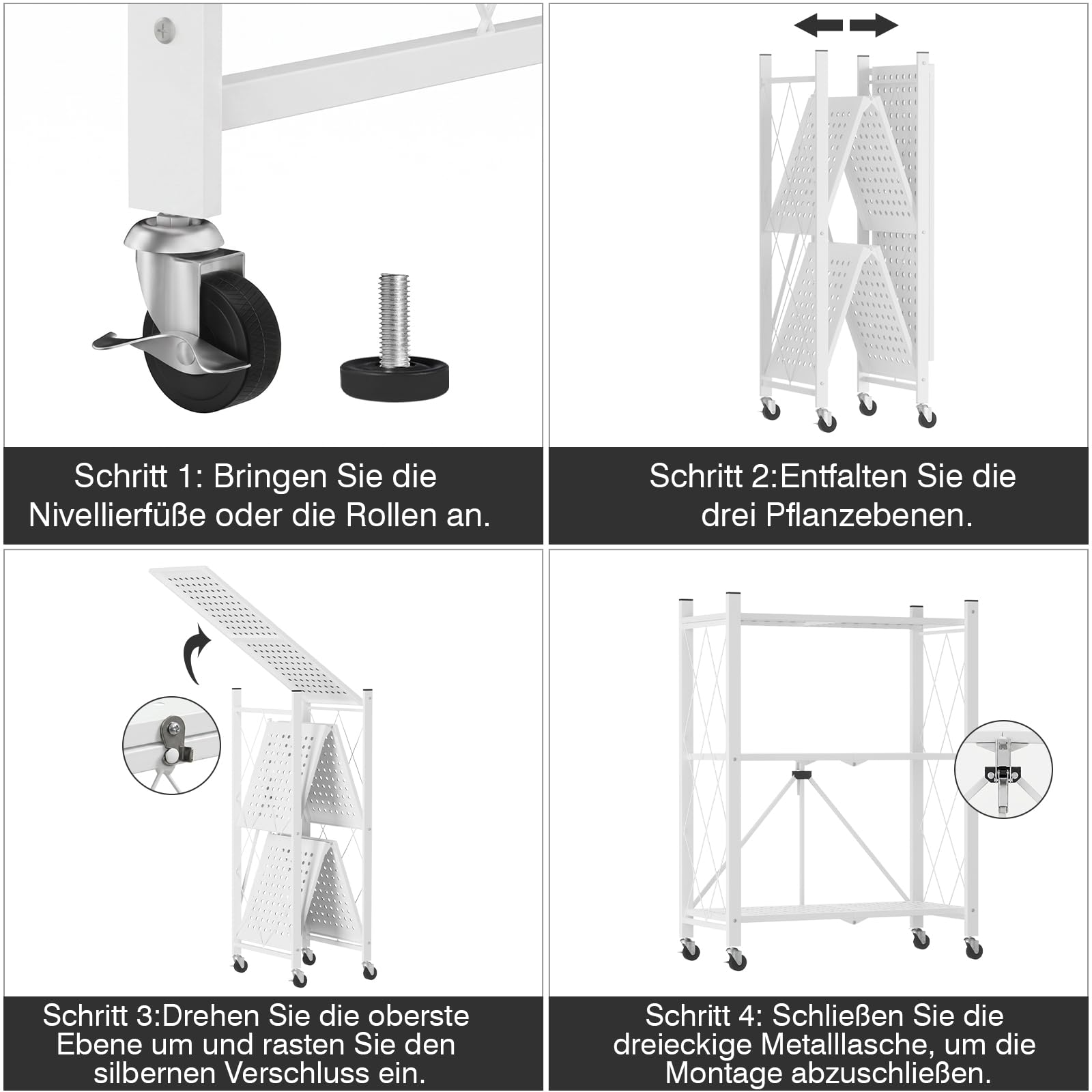 ALANNG Blumenständer mit Rädern, 3 Ablagen Stabiler Pflanzenständer | Metall Pflanzenregal Indoor Einfach/Klappbar, Weiß
