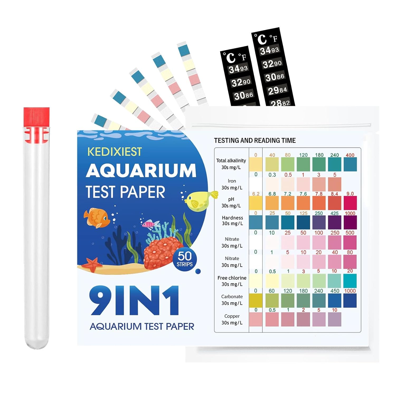 9-in-1 Pool Test Strips Kit (50 Strips) – Accurate Water Test for pH, Chlorine, Bromine, Hardness, Salt, Copper & More – Includes 2 Thermometer Tubes – for Pools, Hot Tubs & Aquariums