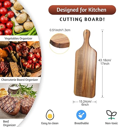 Miniatura 2 de Rtteri 6 tablas de cortar de madera de acacia con asas para cortar de cocina gruesa de 17 x 6 pulgadas, tableros en blanco para servir charcutería