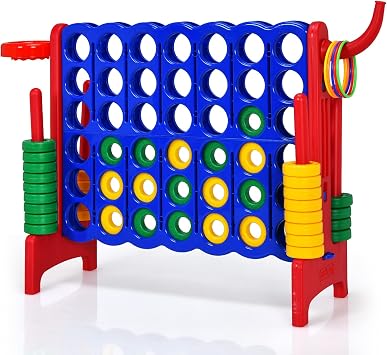 COSTWAY Giant Connect 4, 3-in-1 Indoor Outdoor Family Game with Basketball Hoop, Ring Toss, 42 Jumbo Rings, Quick-Release Slider, Four in A Row Game Set for Kids Adult (Red)
