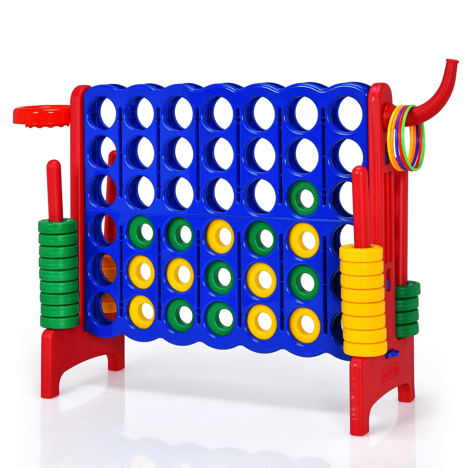 COSTWAY Giant Connect 4, 3-in-1 Indoor Outdoor Family Game with Basketball Hoop, Ring Toss, 42 Jumbo Rings, Quick-Release Slider, Four in A Row Game Set for Kids Adult (Red)