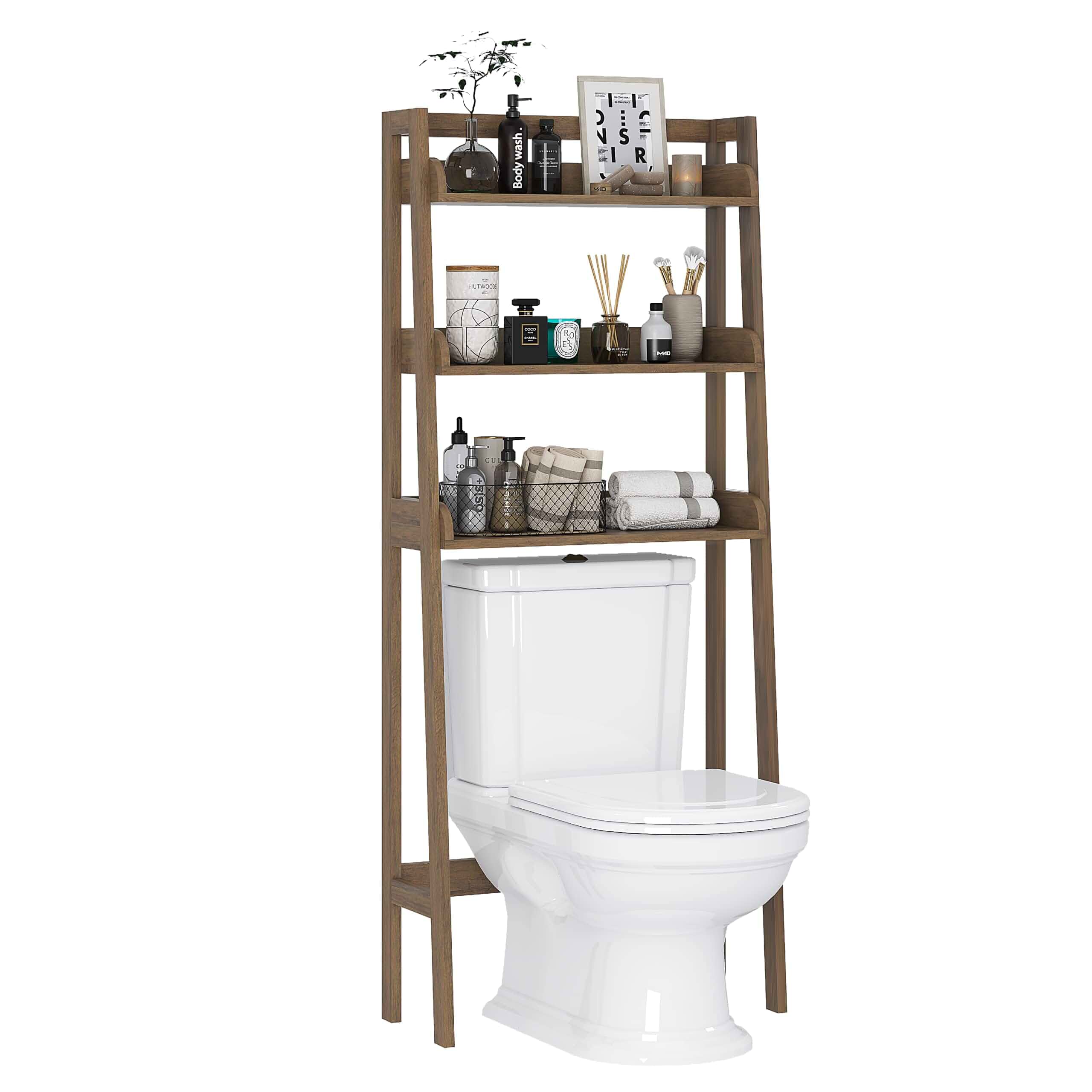 UTEX Over Toilet Bathroom Organizer, 3-Tier Storage Shelf Rack, Wood Grain Ladder Design, 3 Open Shelves for Towels & Toiletries, FSC-certified Engineered Wood, Adjustable Crossbar, Anti-tip Bracket