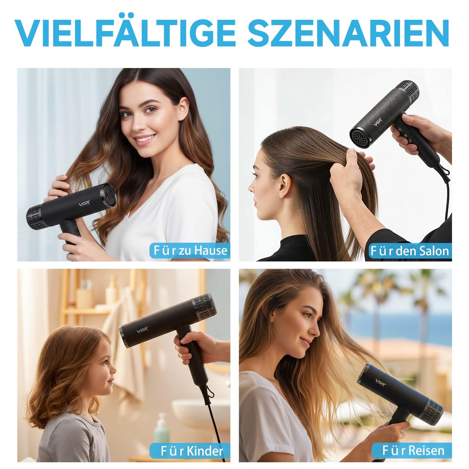 VGR 640 HD Haartrockner Professioneller, Hair Dryer Mit 11000 U/min Motor | Föhn Mit Drei Magnetischen Styling Aufsätzen Schnelles Trocknen, Ionen Föhn Mit Abnehmbare Reinigungsrückseite