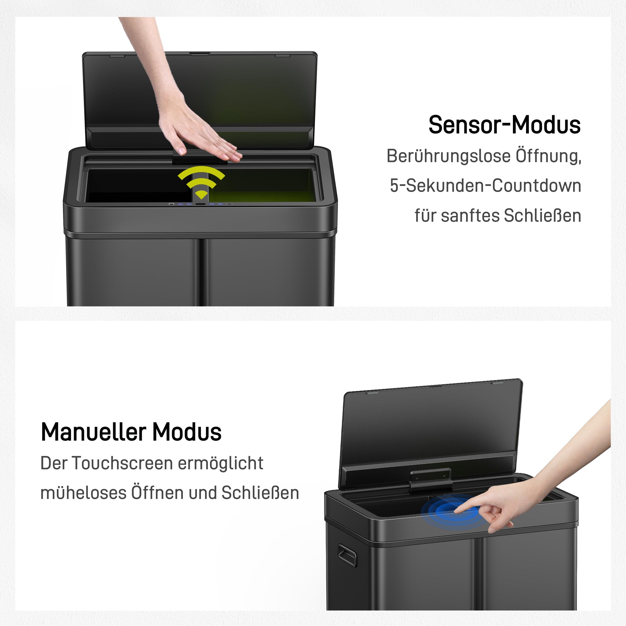 EKO Mirage Plus kosz na śmieci z 3 przegródkami, 2 x 15 l i 30 l, kosz na śmieci z recyklingu, z czujnikiem, 3 pojemniki wewnętrzne z tworzywa sztucznego, automatyczny kosz na śmieci z pokrywką, duży