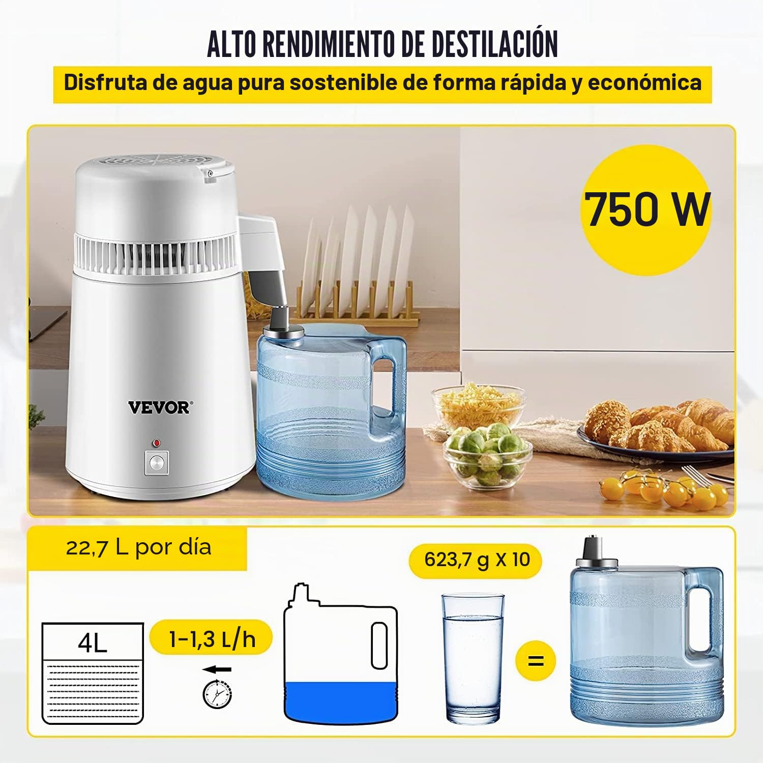 VEVOR Destilador de Agua 4L Acero Inoxidable Purificador Filtros Destilación