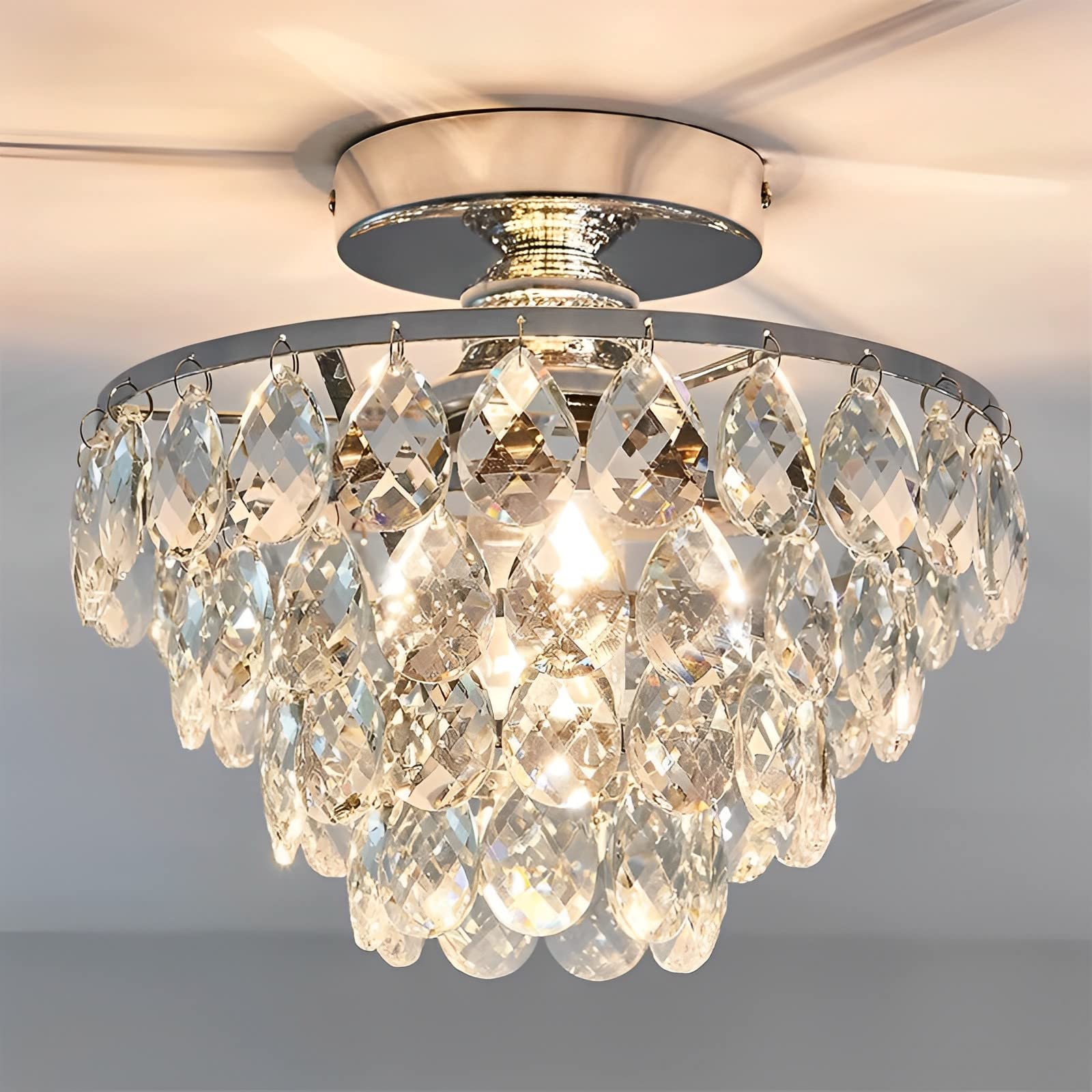 MESOVFCA Crystal Chandelier Small Modern Chandelier, Modern Ceiling Light Flush Mount Crystal Chandelier Kitchen Light Fixtures Ceiling Crystal Light for Hallway Bedroom Hall Living Room,Silver