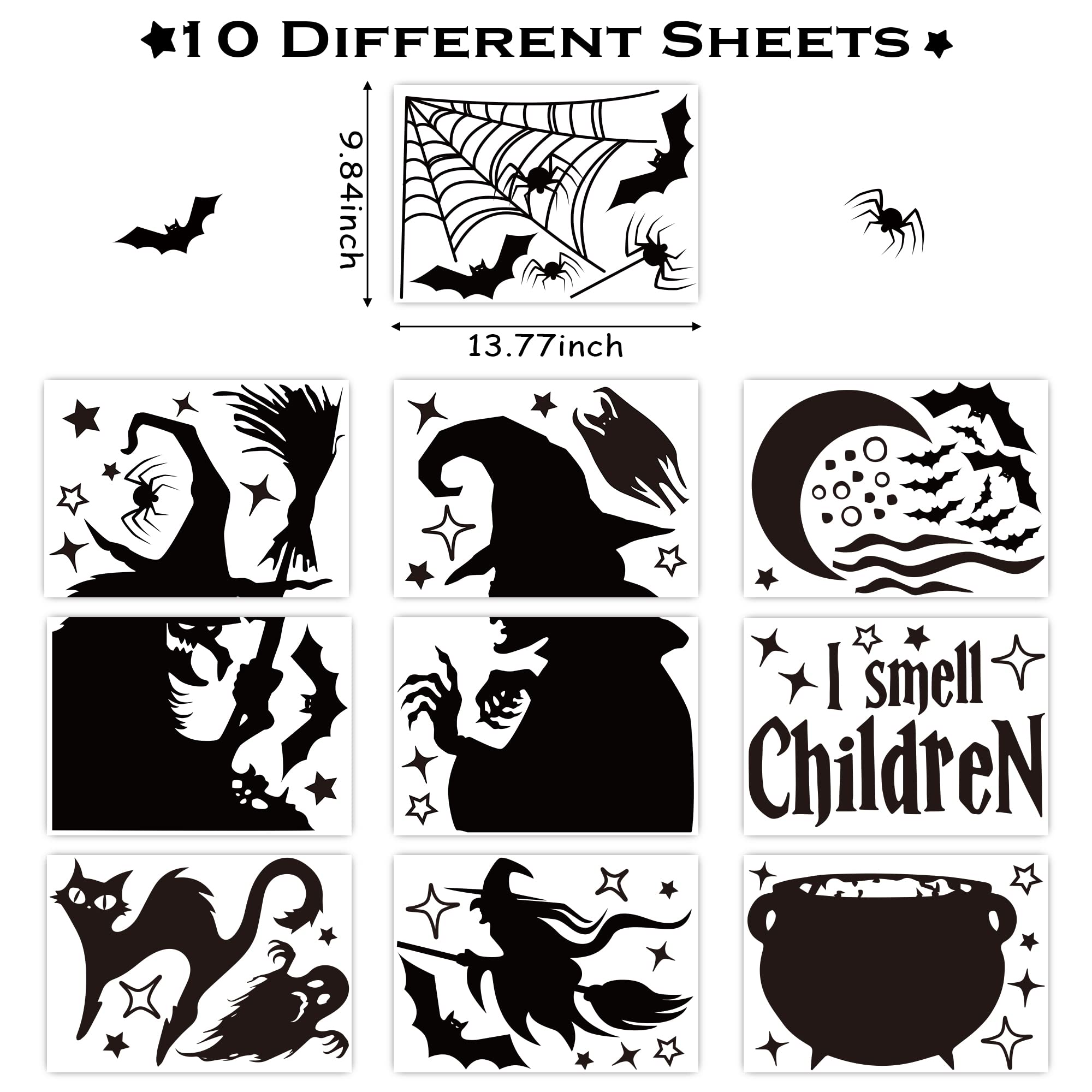 WATINC 10 Sheets Halloween Wicked Witch Window Clings Black Bat Cat Spider Silhouette Large Glass Windows Decals Double Sided Stickers Scary Party Decorations Supplies for School Home Office Indoor