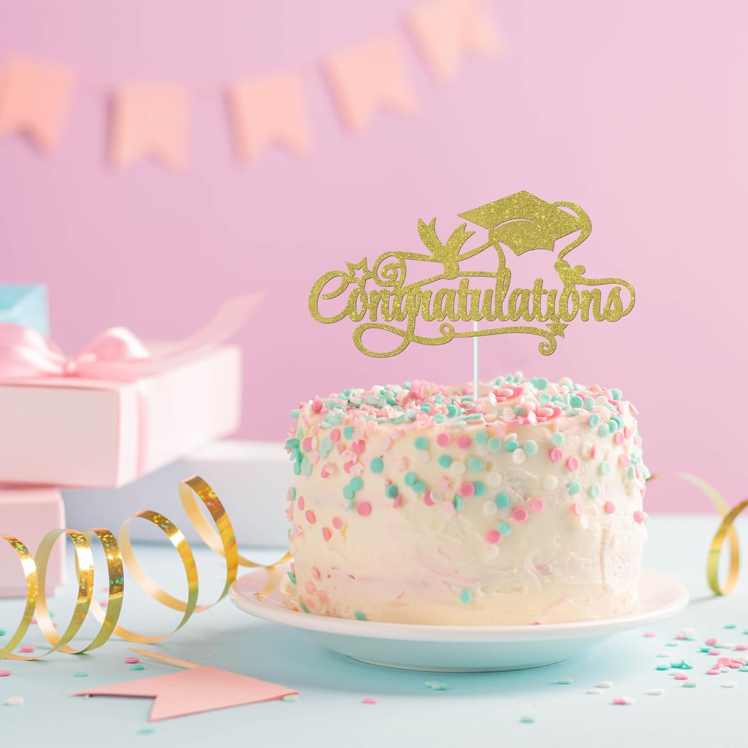 Gold Glitter Congratulations Cake Topper Congrats Class of 2024 Cake Decor for Graduation Party Supplies Congrats Grad Graduation Cap and Diploma Decoration Cake Picks